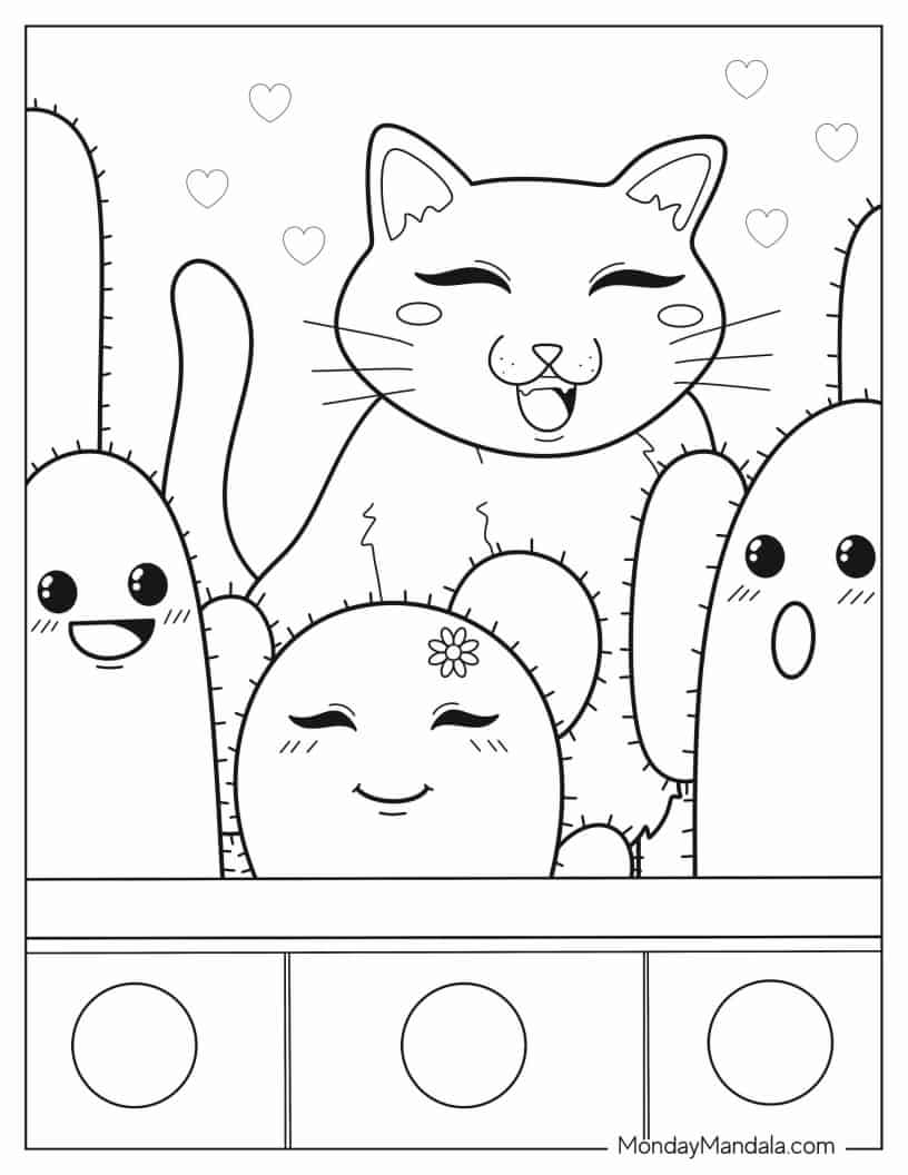 Kawaii Cactus Plants With Cat coloring page