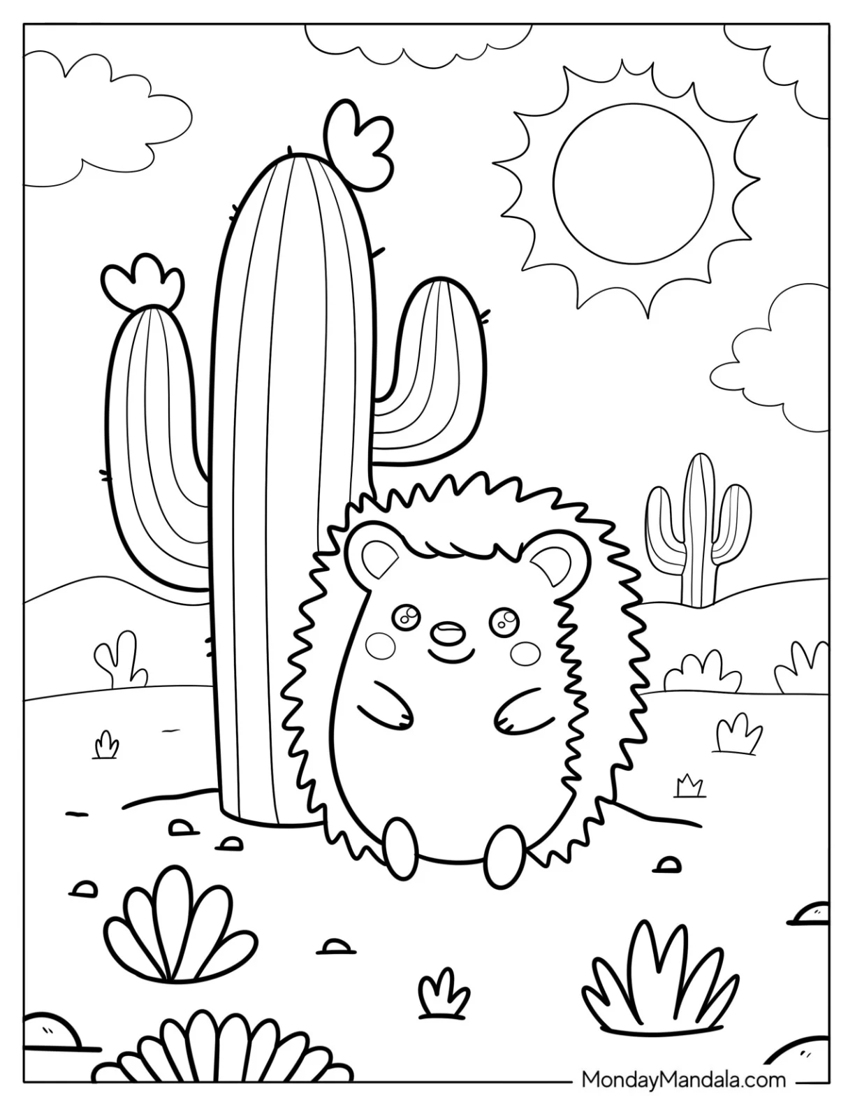 Kawaii Hedgehog Sitting by a Tall Saguaro Cactus Coloring Page coloring page — printable line art