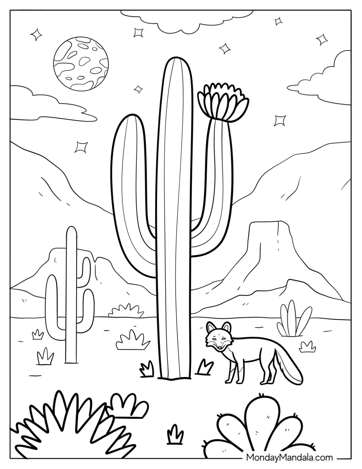 Large Saguaro Cactus Coloring Page Standing Tall Beside a Curious Coyote Under the Night Sky coloring page