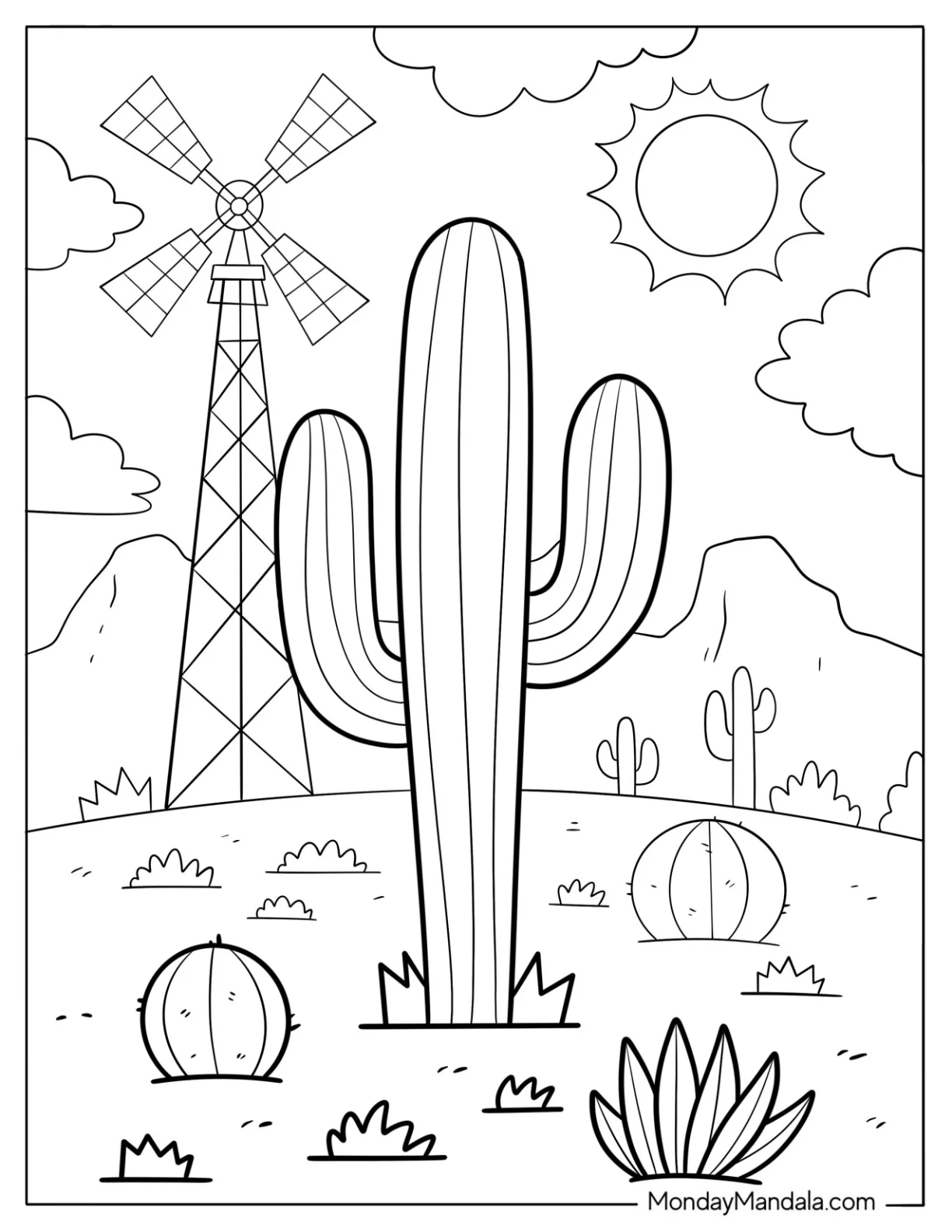 Majestic Saguaro Cactus Coloring Page Standing in a Desert Field With Windmill coloring page — printable line art