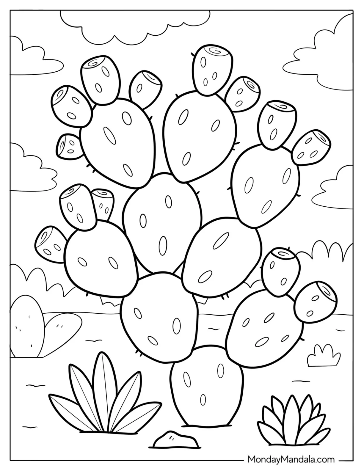 Prickly Pear Cactus Coloring Page in the Desert Sun coloring page
