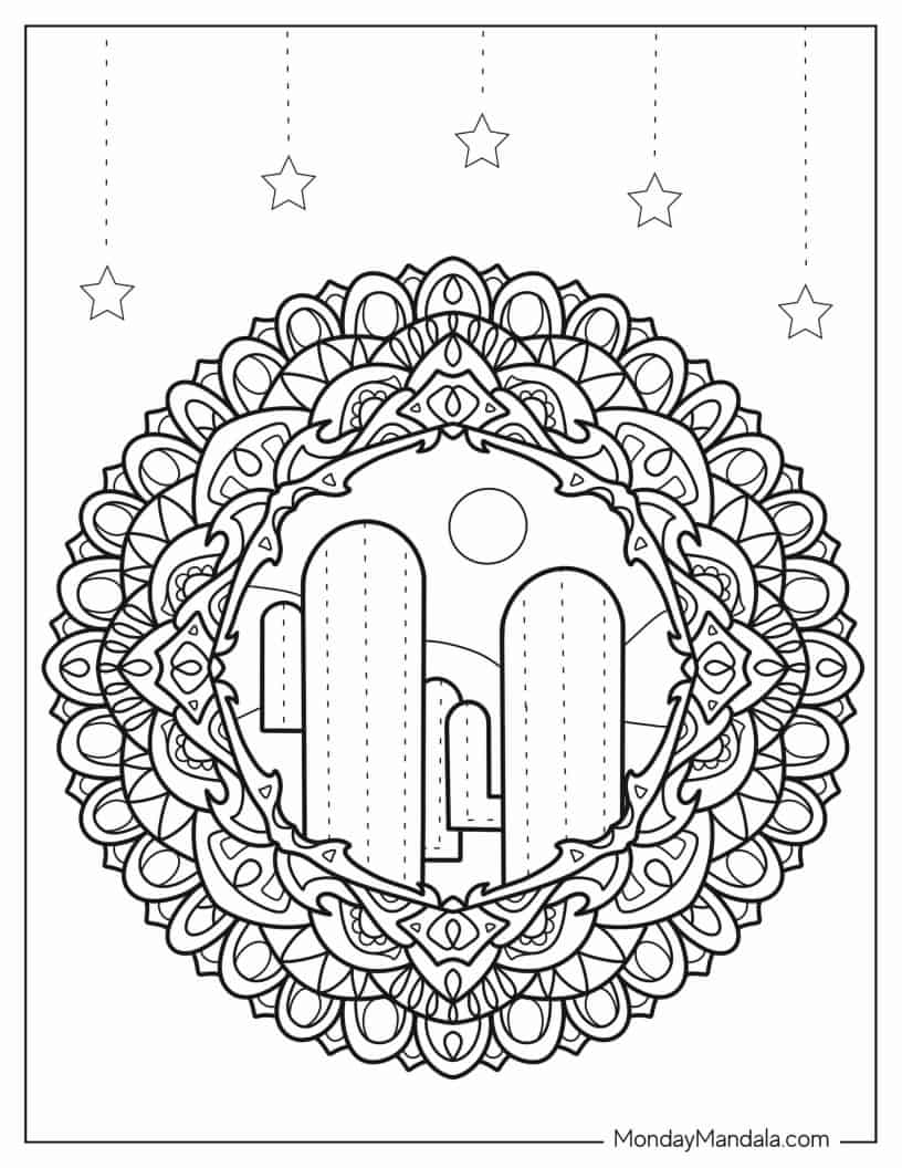 Simple Cactus Mandala Coloring Page For Adults coloring page