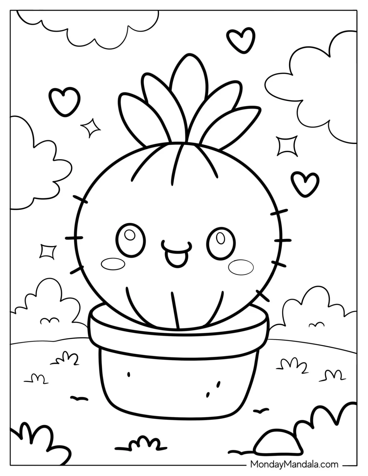 Simple Potted Cactus Coloring Page with a Leafy Crown For Preschoolers coloring page — printable line art