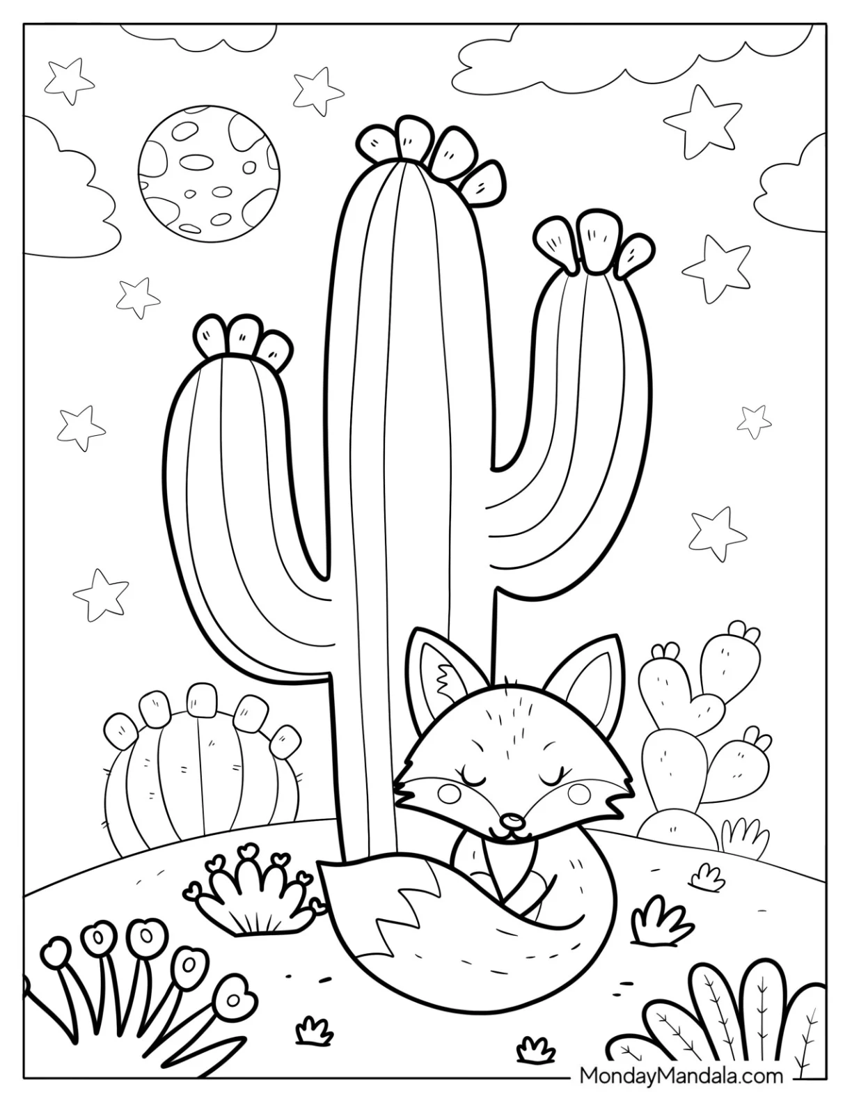 Sleeping Fox Beneath a Blooming Saguaro Cactus Coloring Page coloring page — printable line art