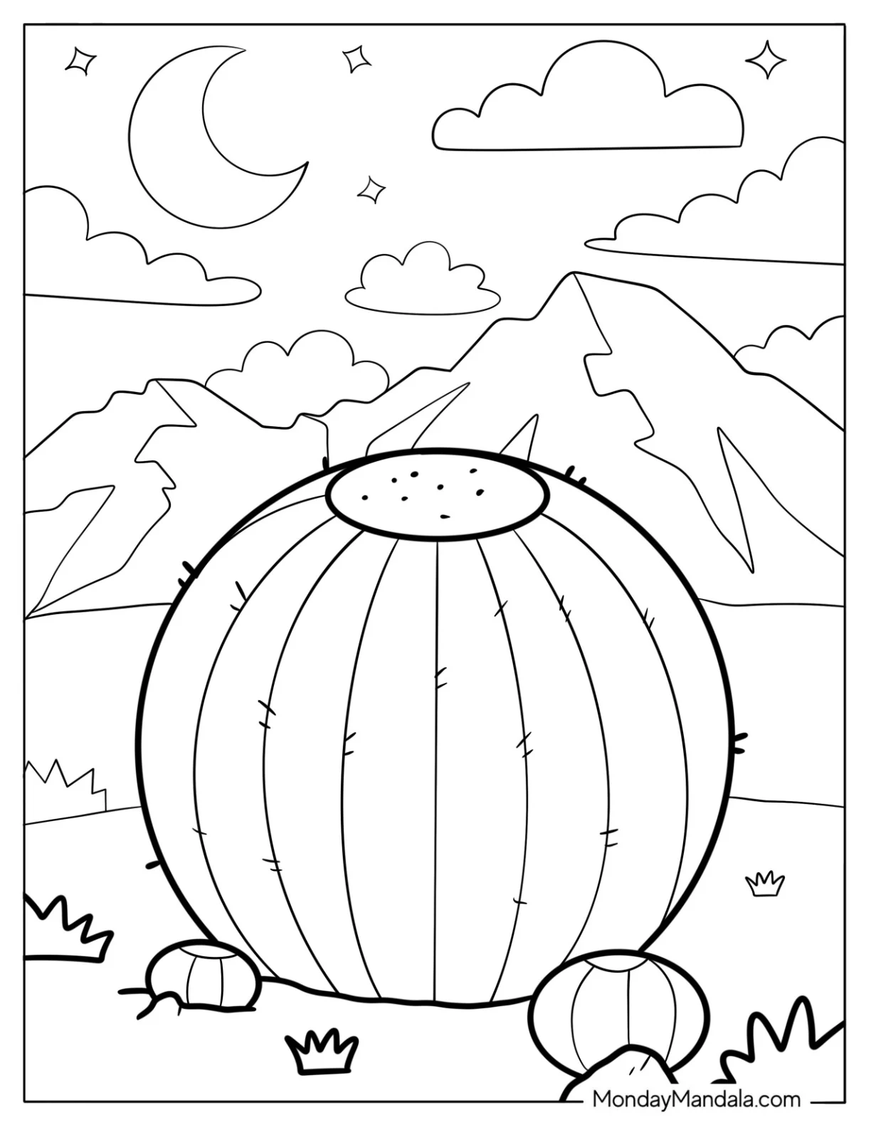 Starry Sky Above a Barrel Cactus Coloring Page Landscape coloring page — printable line art