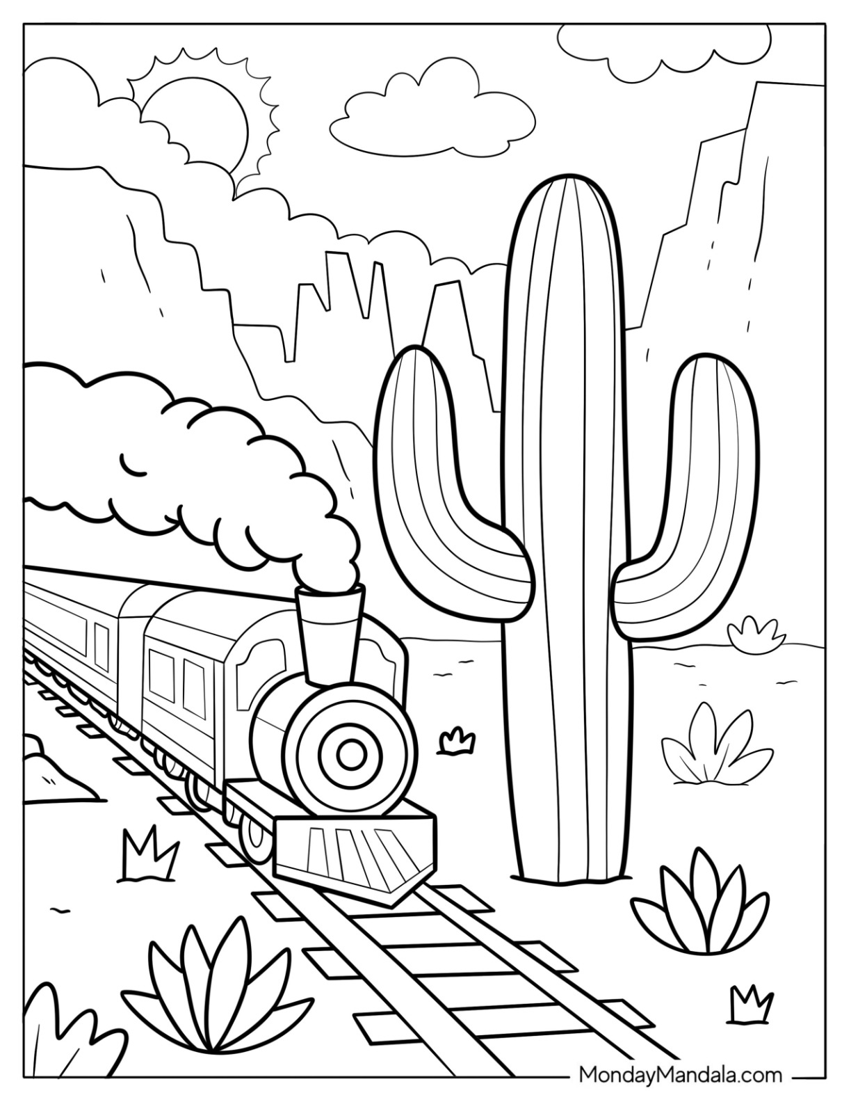 Steam Train Passing a Giant Desert Cactus Coloring Page coloring page