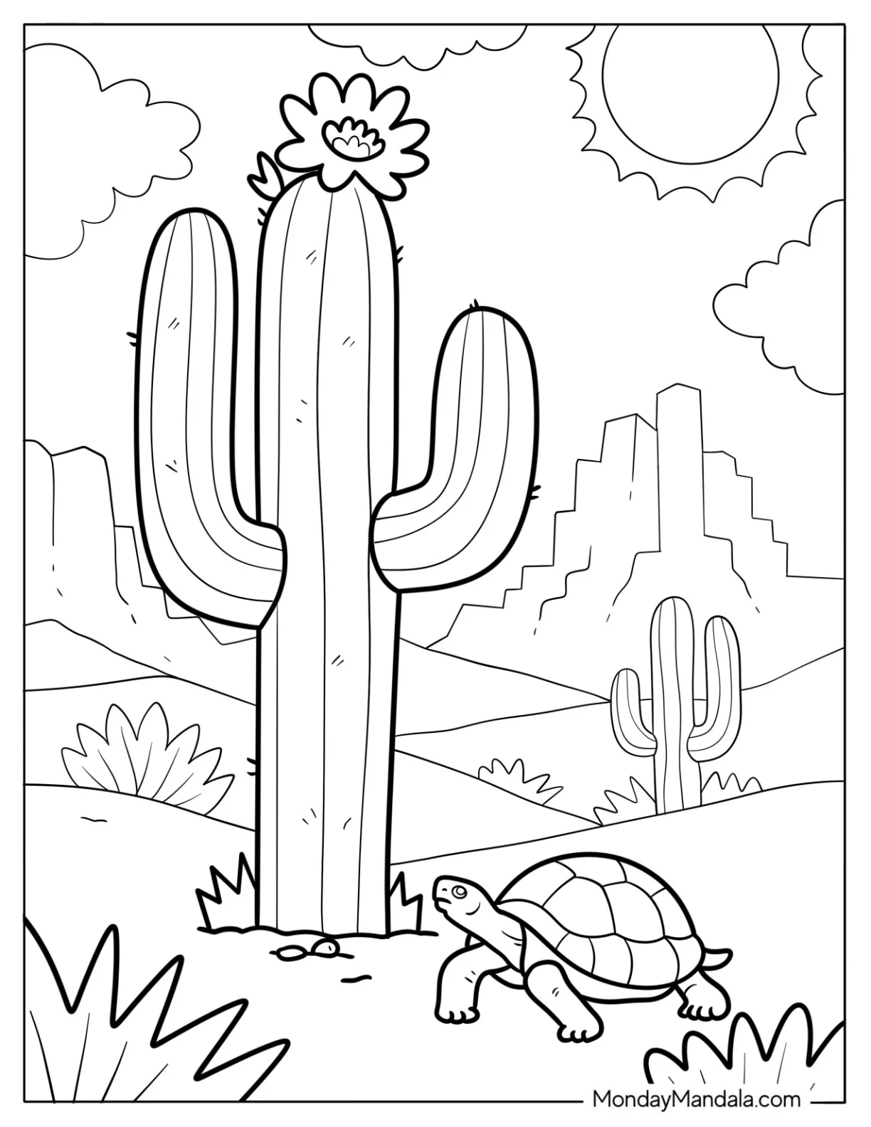 Sunny Desert Day with Cactus Coloring Page and Turtle coloring page