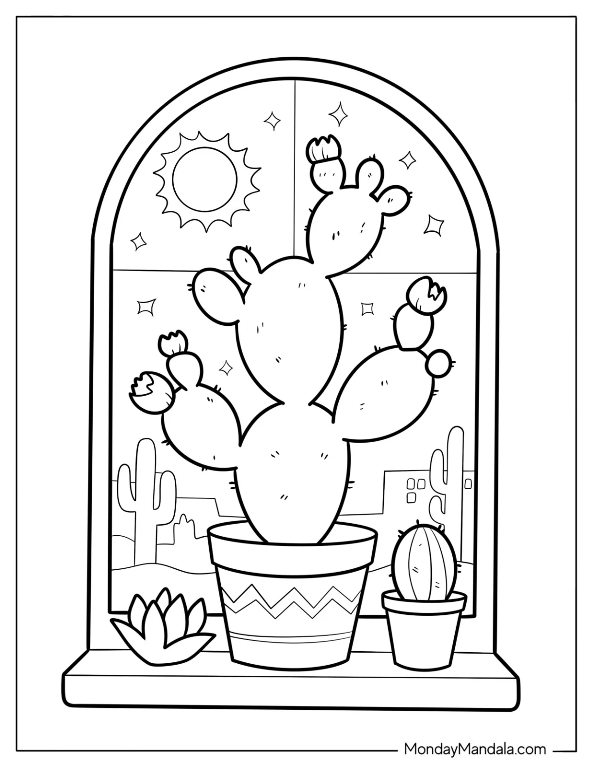 Two Potted Cactus Coloring Page and a Succulent on a Ledge of Window with Desert View coloring page — printable line art