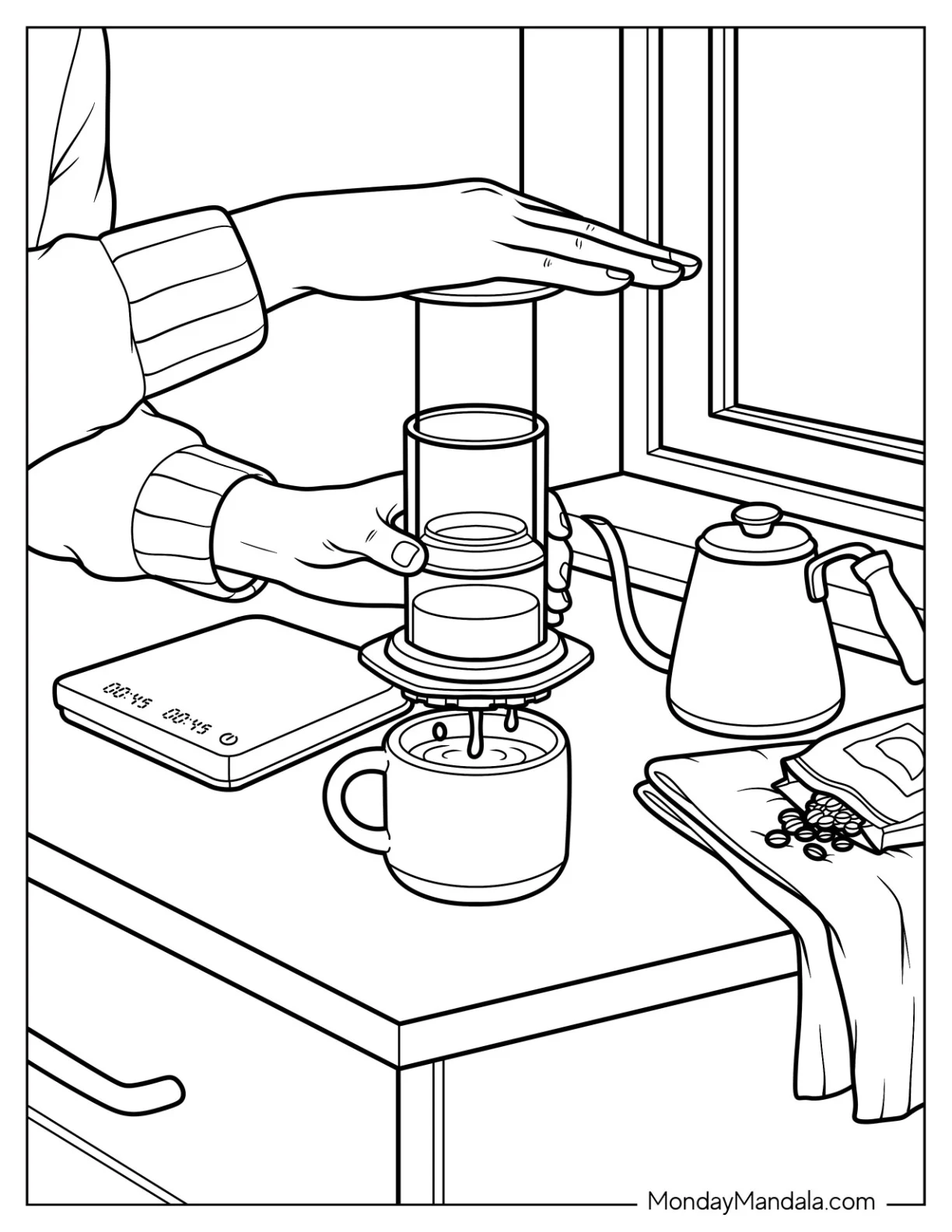 AeroPress Coffee Brewing by a Window Coloring Page coloring page