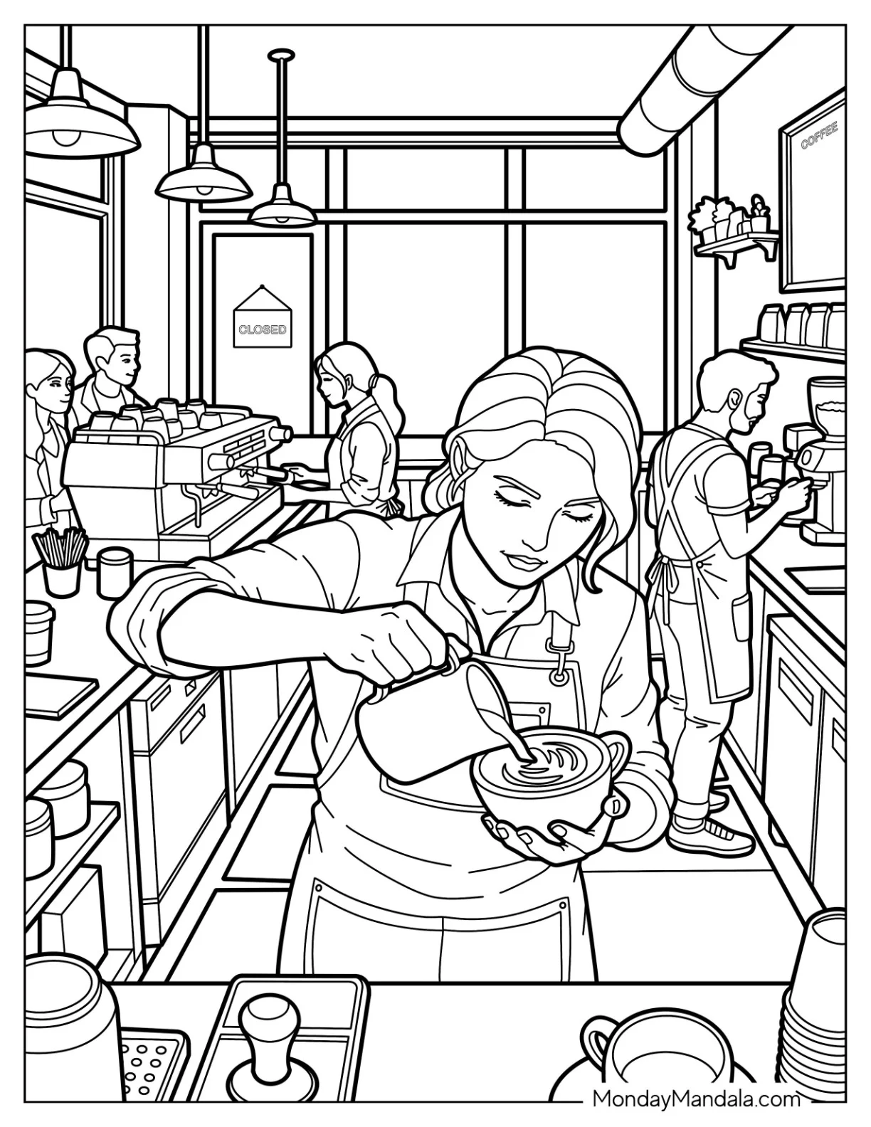 Barista Pouring Latte Art in a Busy Coffee Shop coloring page