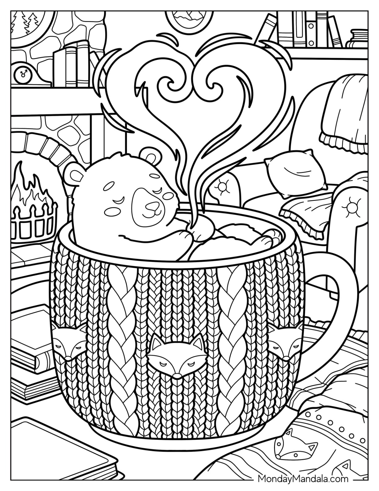 Bear in a Knitted Coffee Mug by the Fireplace Coloring Sheet for Kids coloring page