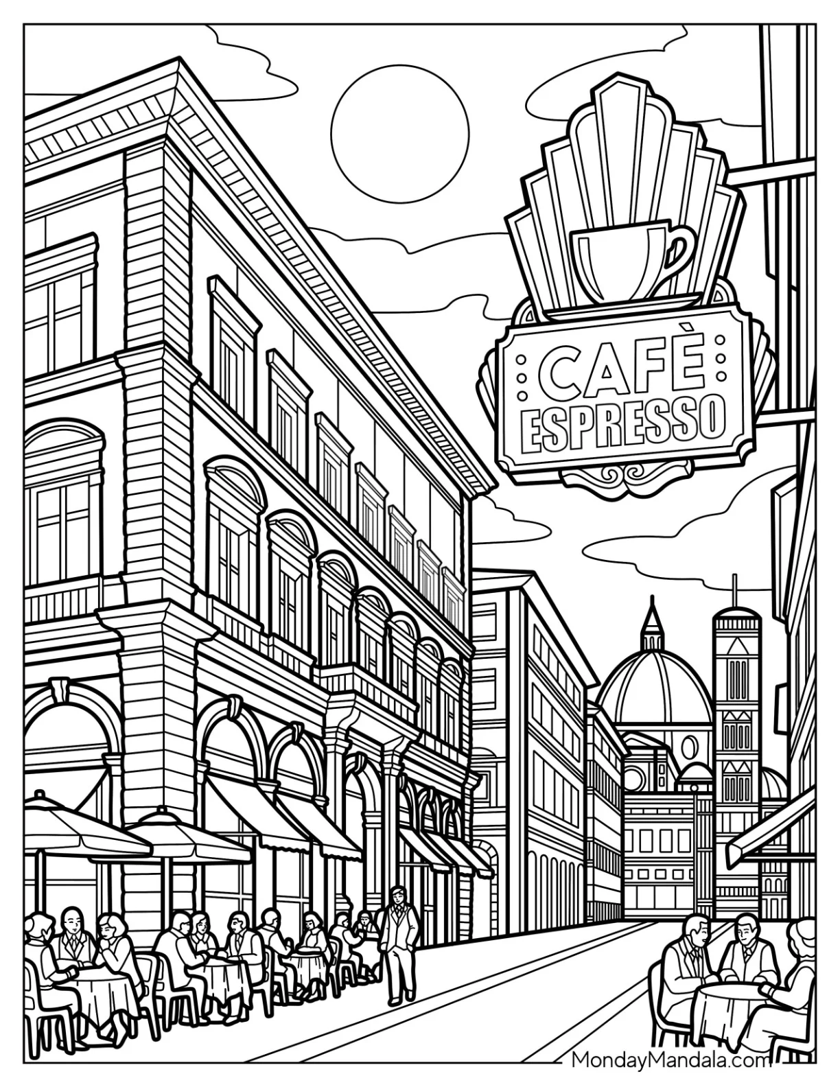 Café Espresso Street with Outdoor Seating and City View coloring page