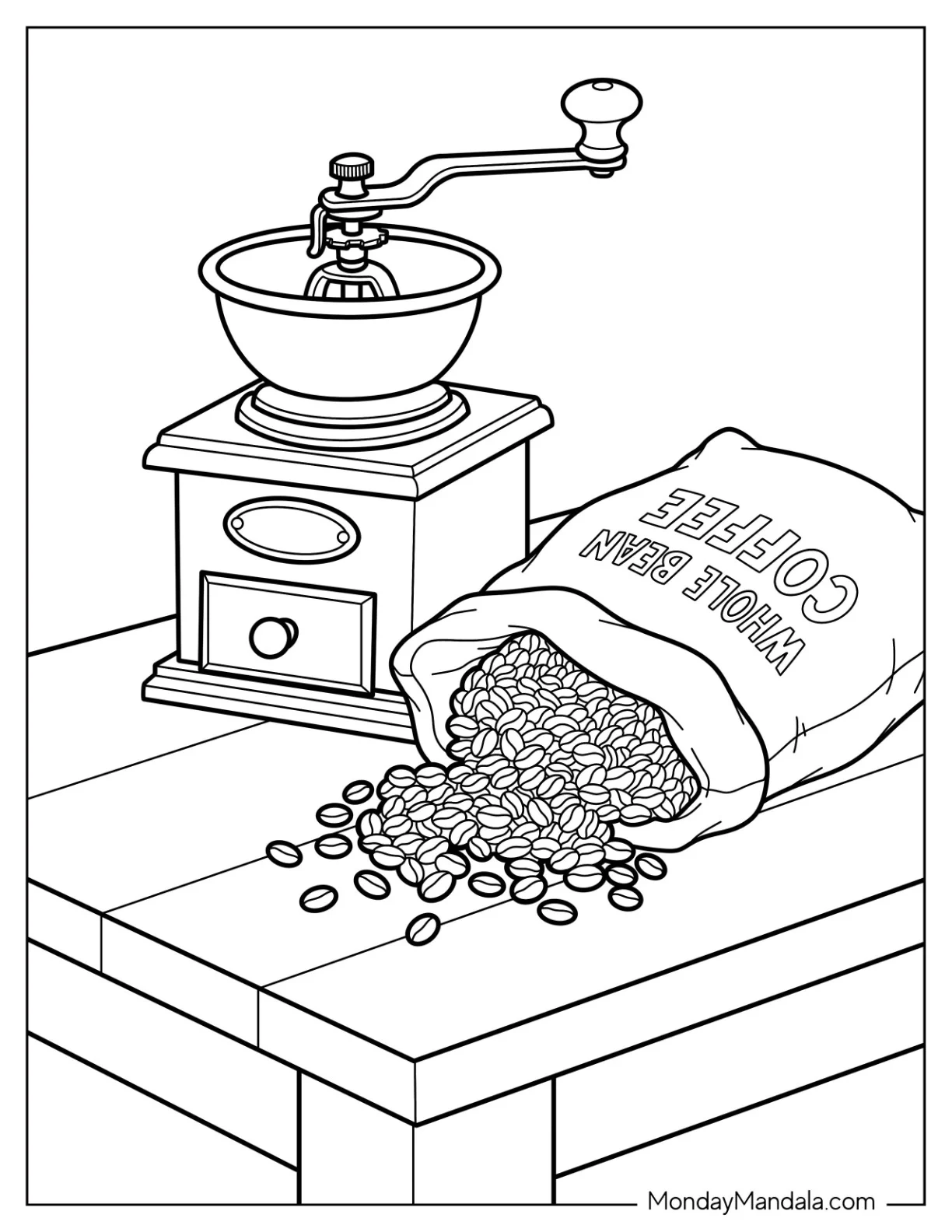 Coffee Beans Spilling from a Bag Beside a Hand Grinder Coloring Page coloring page