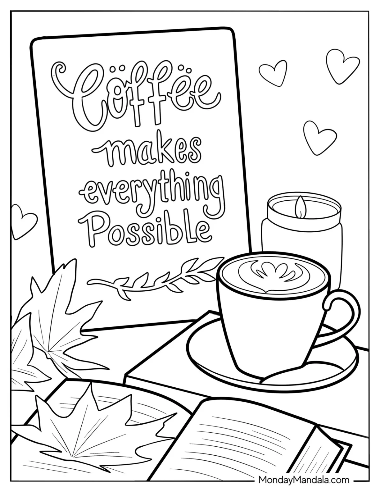 Coffee Coloring Pages Of Cup Next To Honey Jar, Signage, And Open Book coloring page