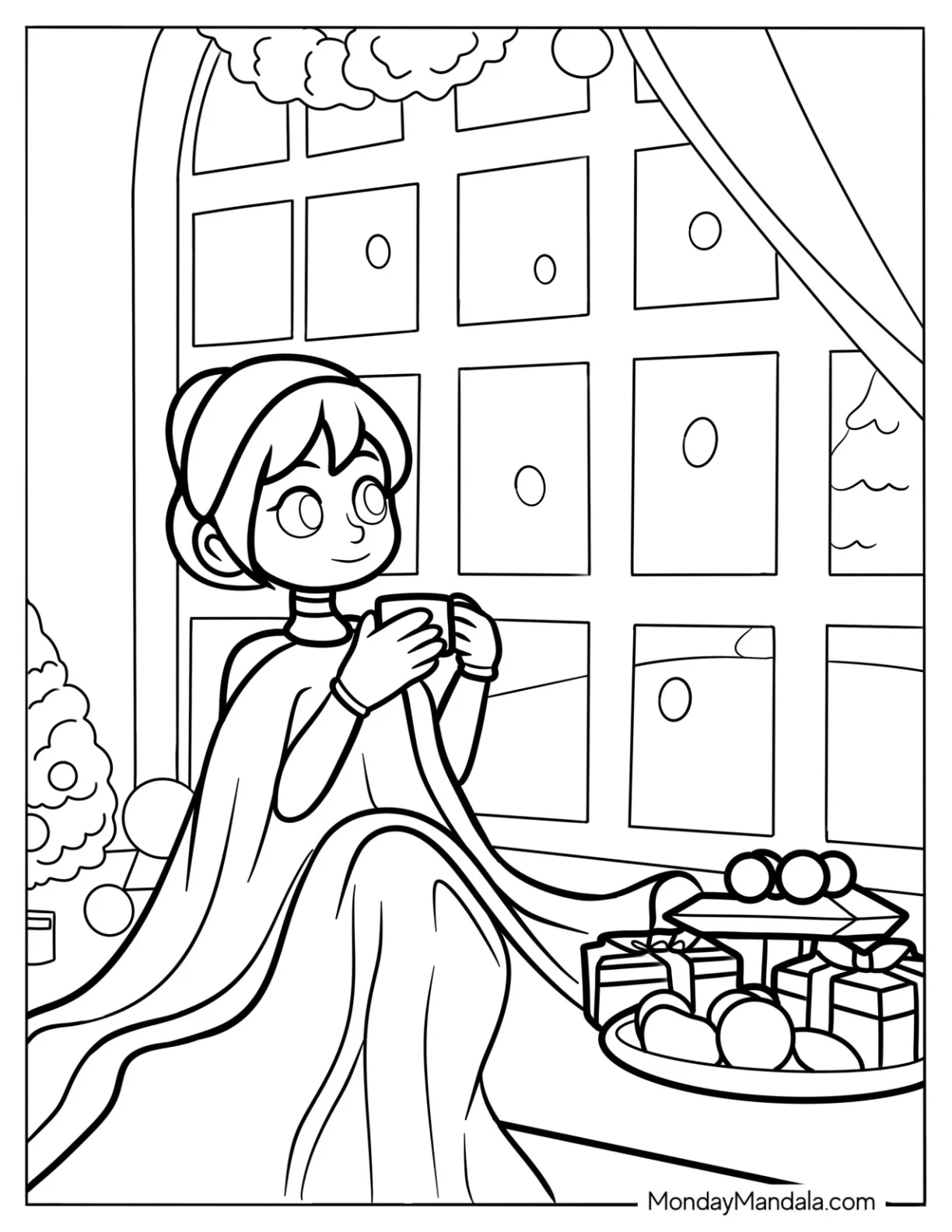 Coffee Coloring Pages Of Woman In Dress And Cape Drinking Coffee On Christmas Day By Window Bay coloring page