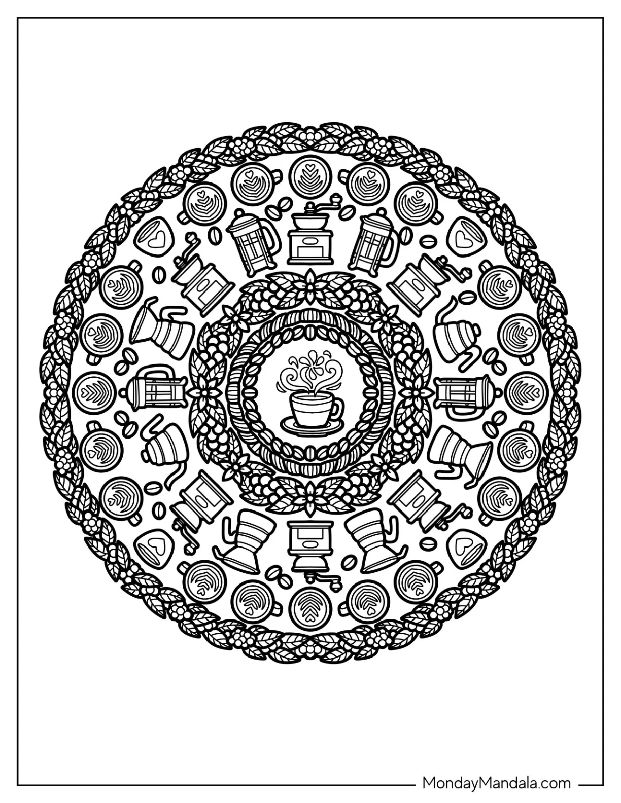 Coffee Cup and Espresso Machine Mandala coloring page