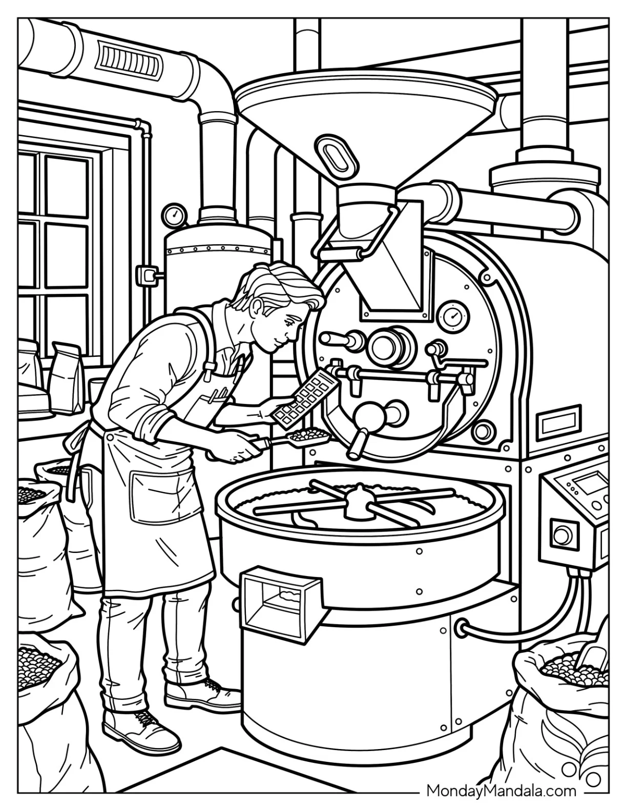Coffee Roaster Checking Beans in a Roasting Machine coloring page