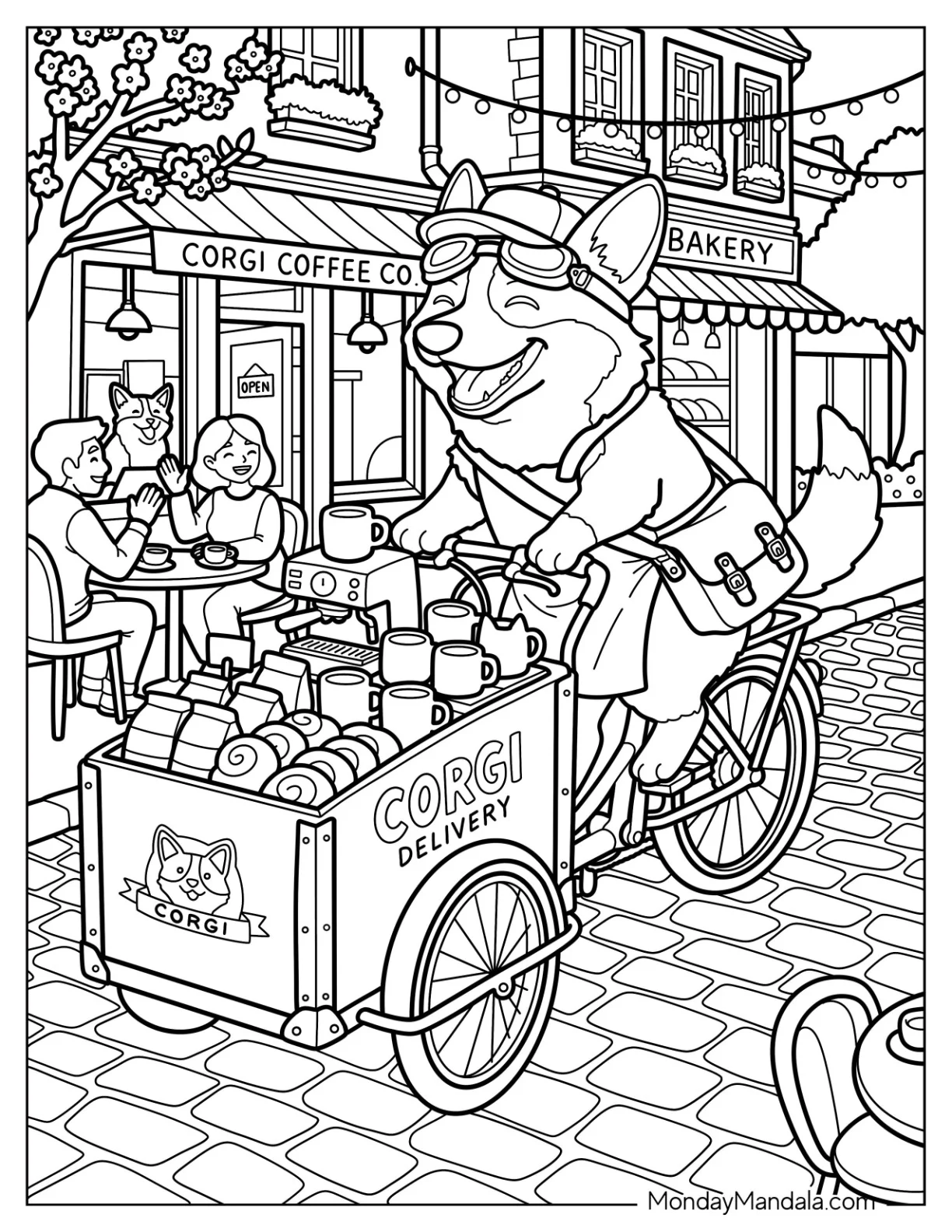 Corgi Delivering Coffee by Bike on a Café Street Coloring Page coloring page