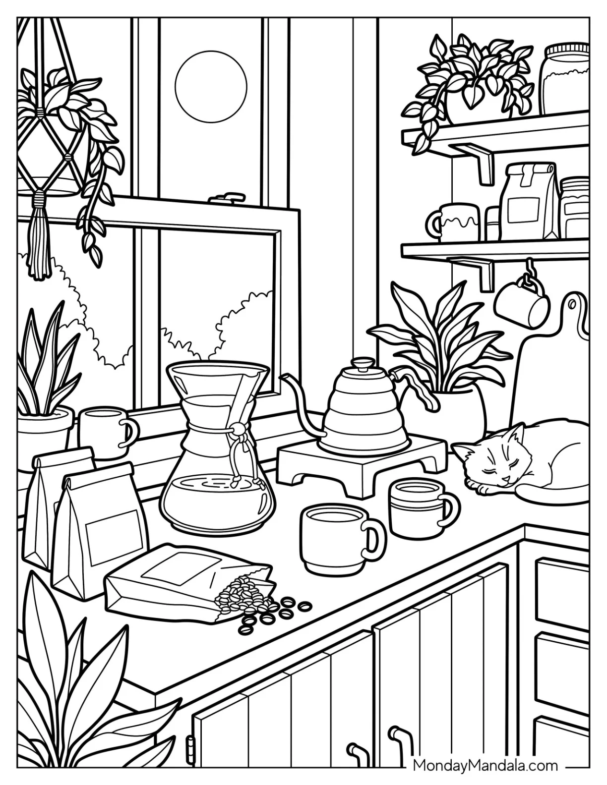 Cozy Coffee Corner with Pour Over Brewer and Sleeping Cat Coloring Sheet coloring page