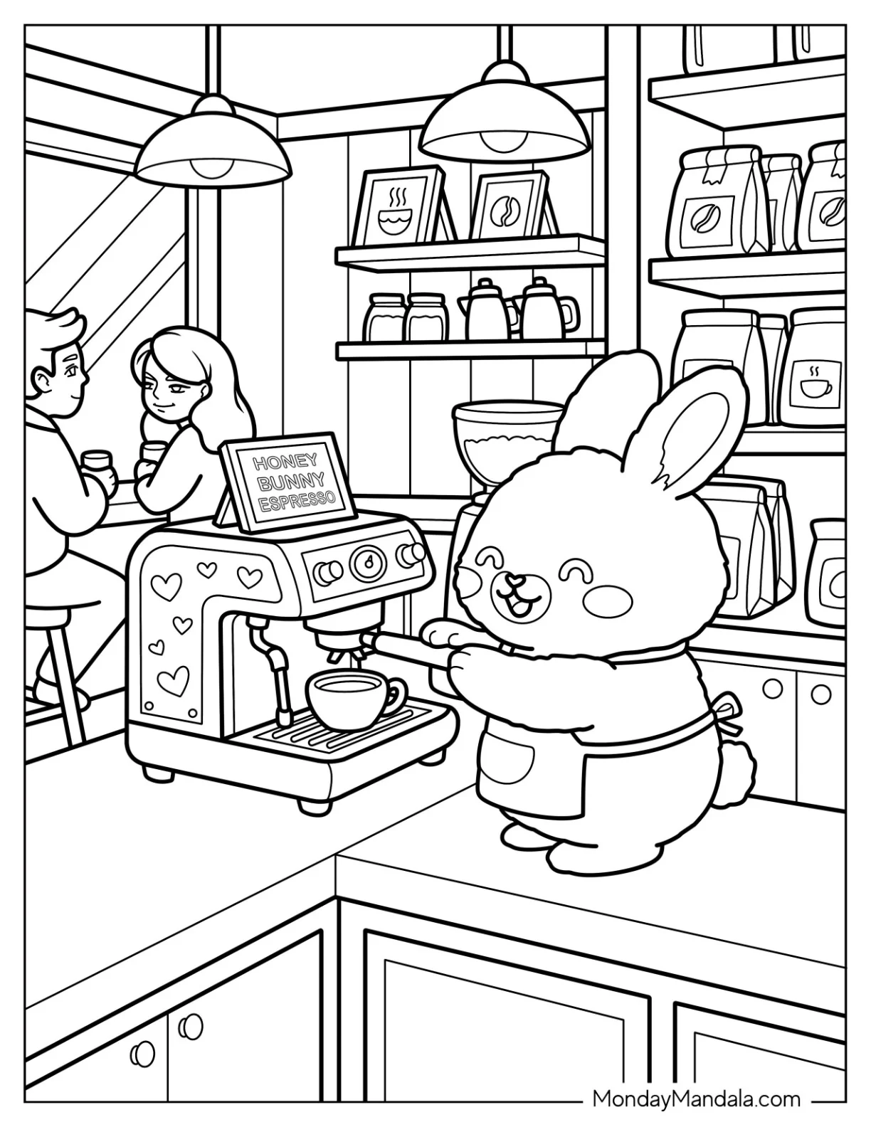 Cute Bunny Barista Making Coffee in a Café Coloring Page coloring page