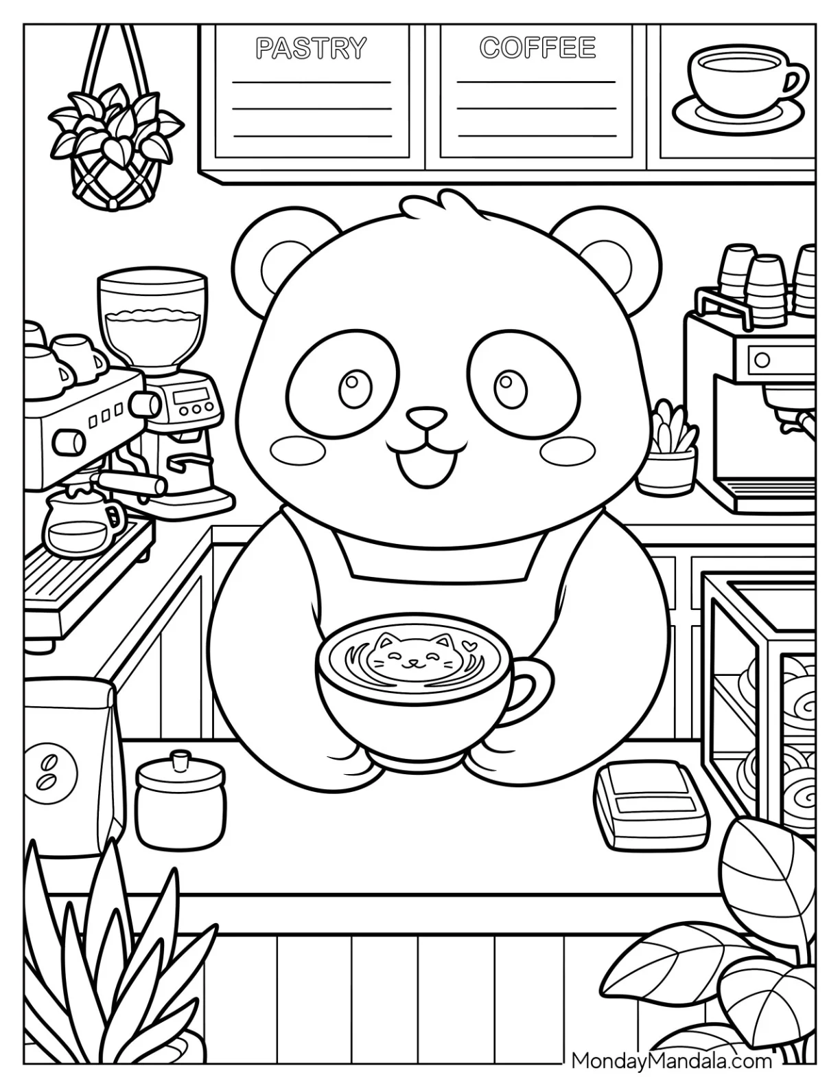 Cute Panda Barista Holding a Latte in a Coffee Shop Coloring Page for Kids coloring page