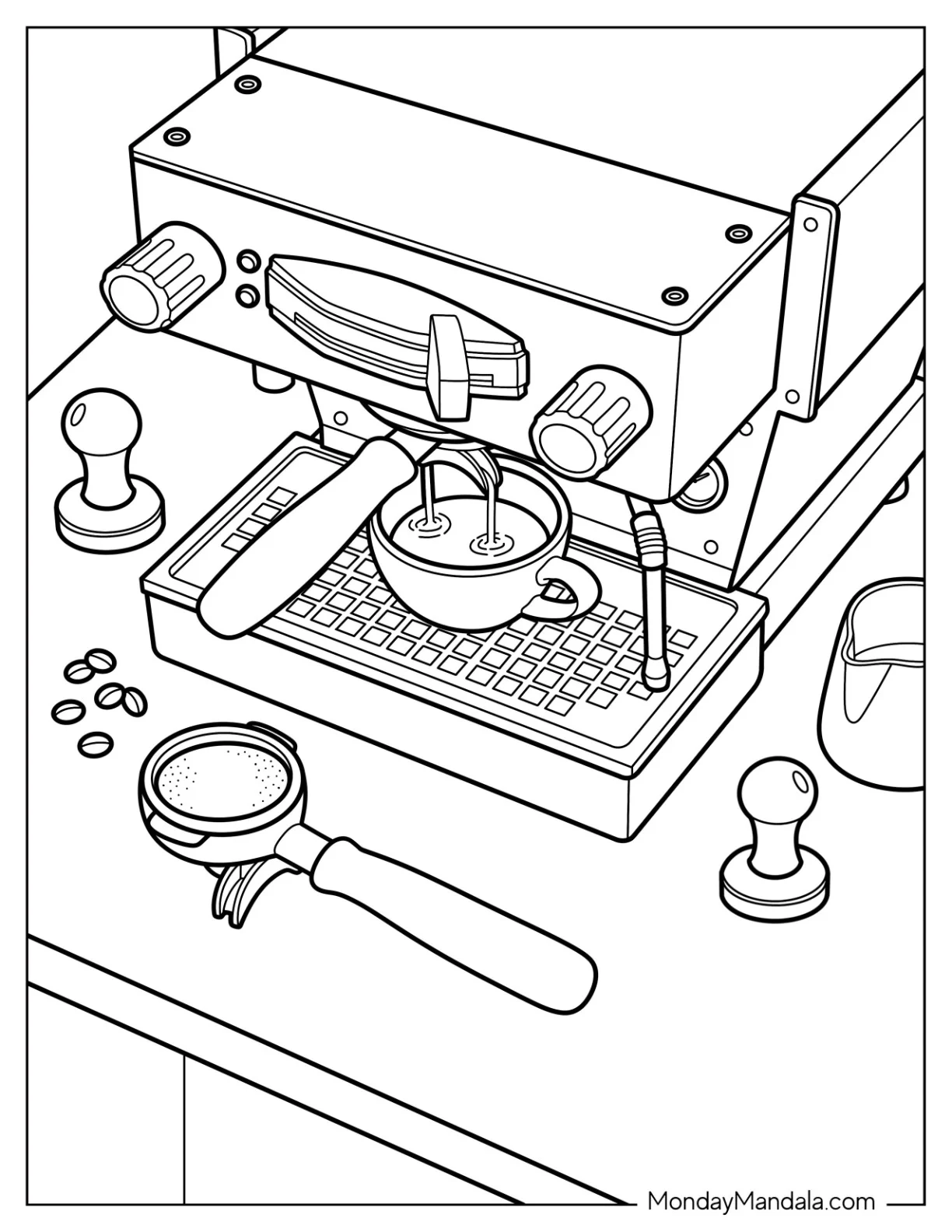 Espresso Machine Brewing Coffee into a Cup coloring page