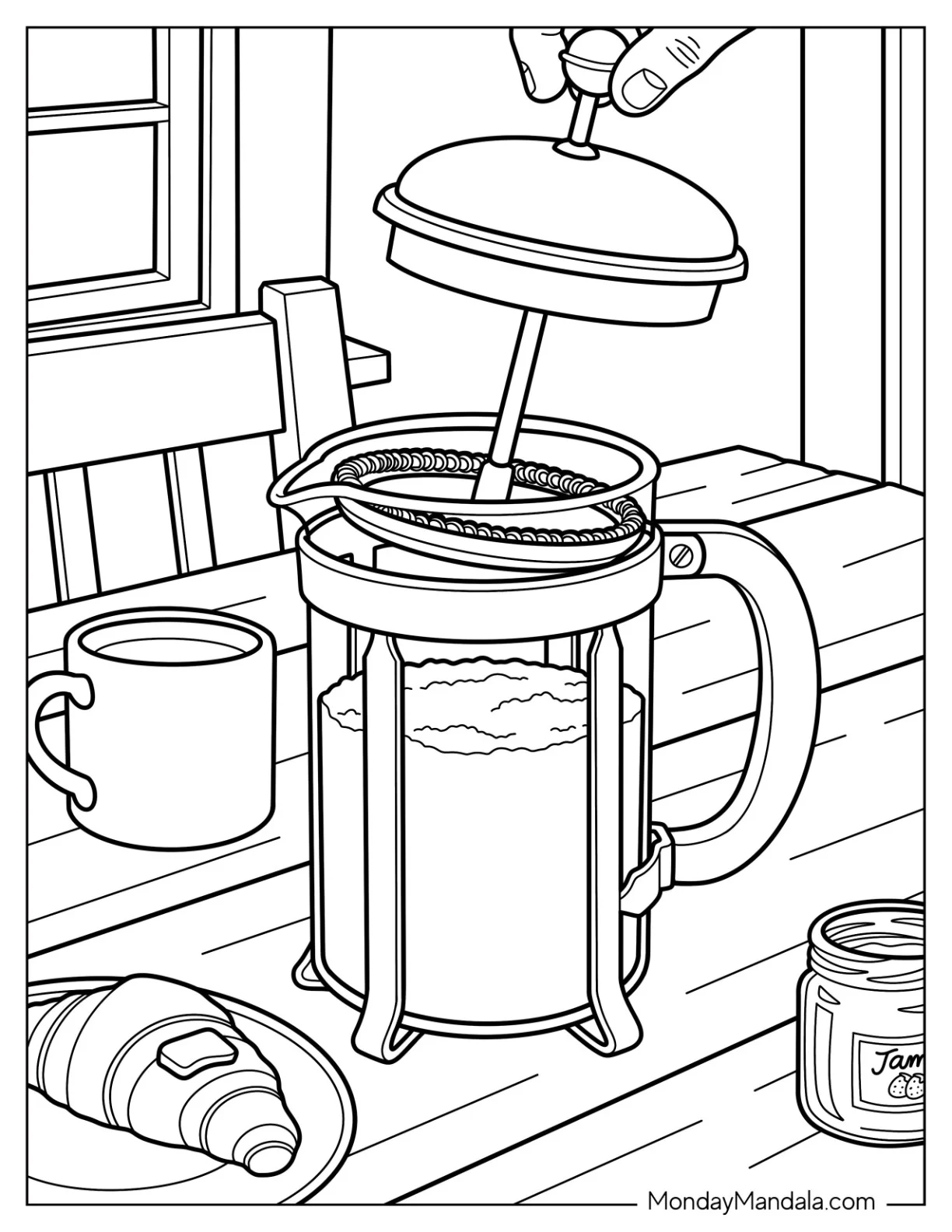 French Press Coffee on a Breakfast Table Coloring Page coloring page