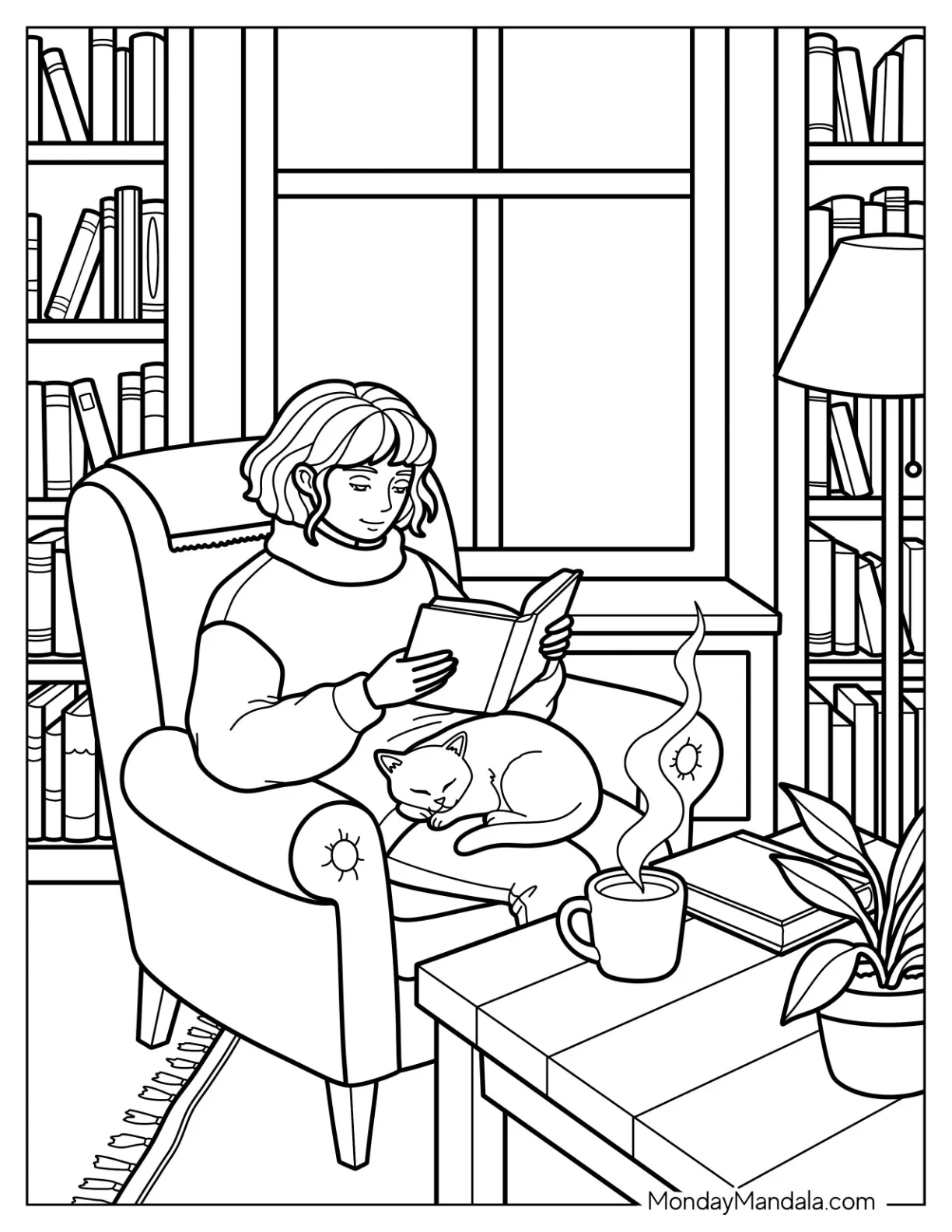 Girl Reading with a Cup of Coffee and Sleeping Cat Coloring Page coloring page