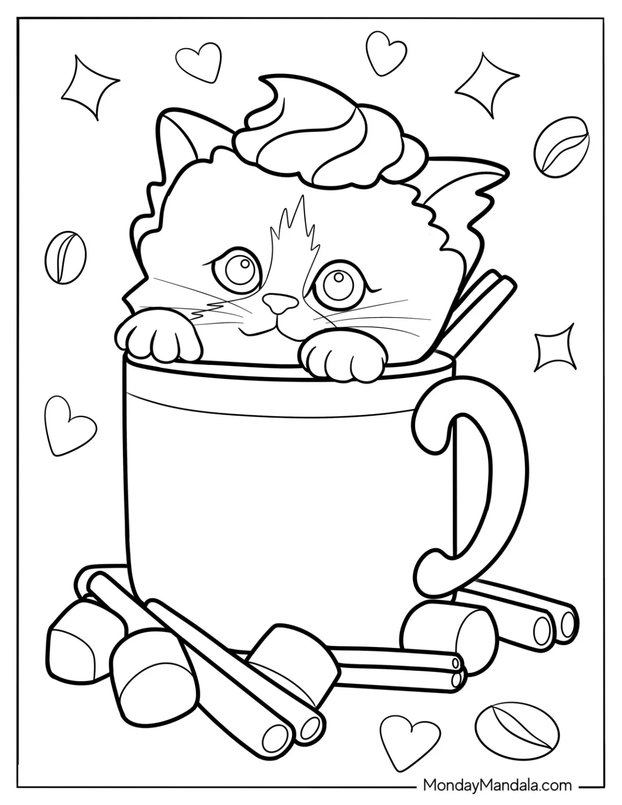Kawaii Cat In Coffee Coloring Pages Cup With Whipped Cream And Cinnamon Rolls coloring page