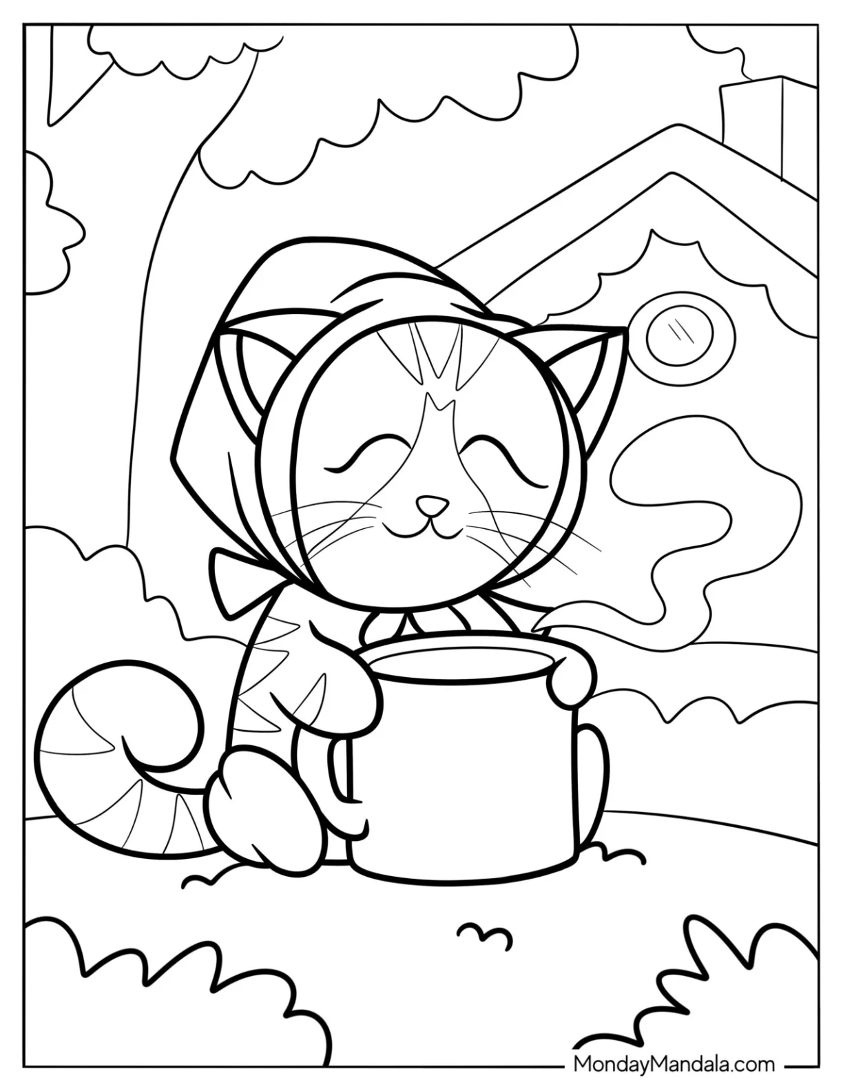 Kawaii Kitten Holding A Steaming Cup Of Coffee Coloring Page coloring page