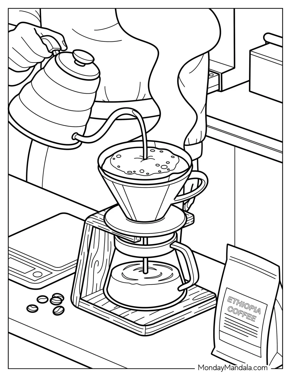 Pour Over Coffee Brewing with a Gooseneck Kettle Coloring Page coloring page