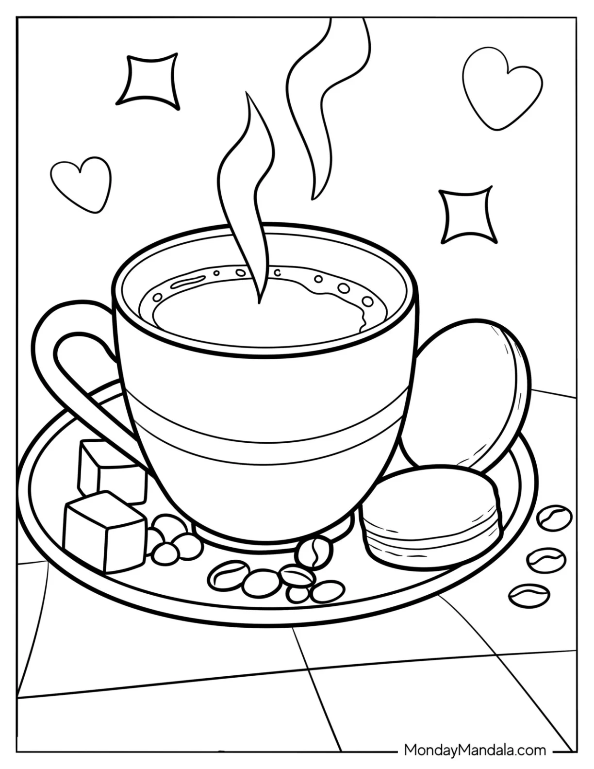 Realistic Cup Of Coffee Coloring Pages With Maracon, Sugar Cubes, And Beans coloring page