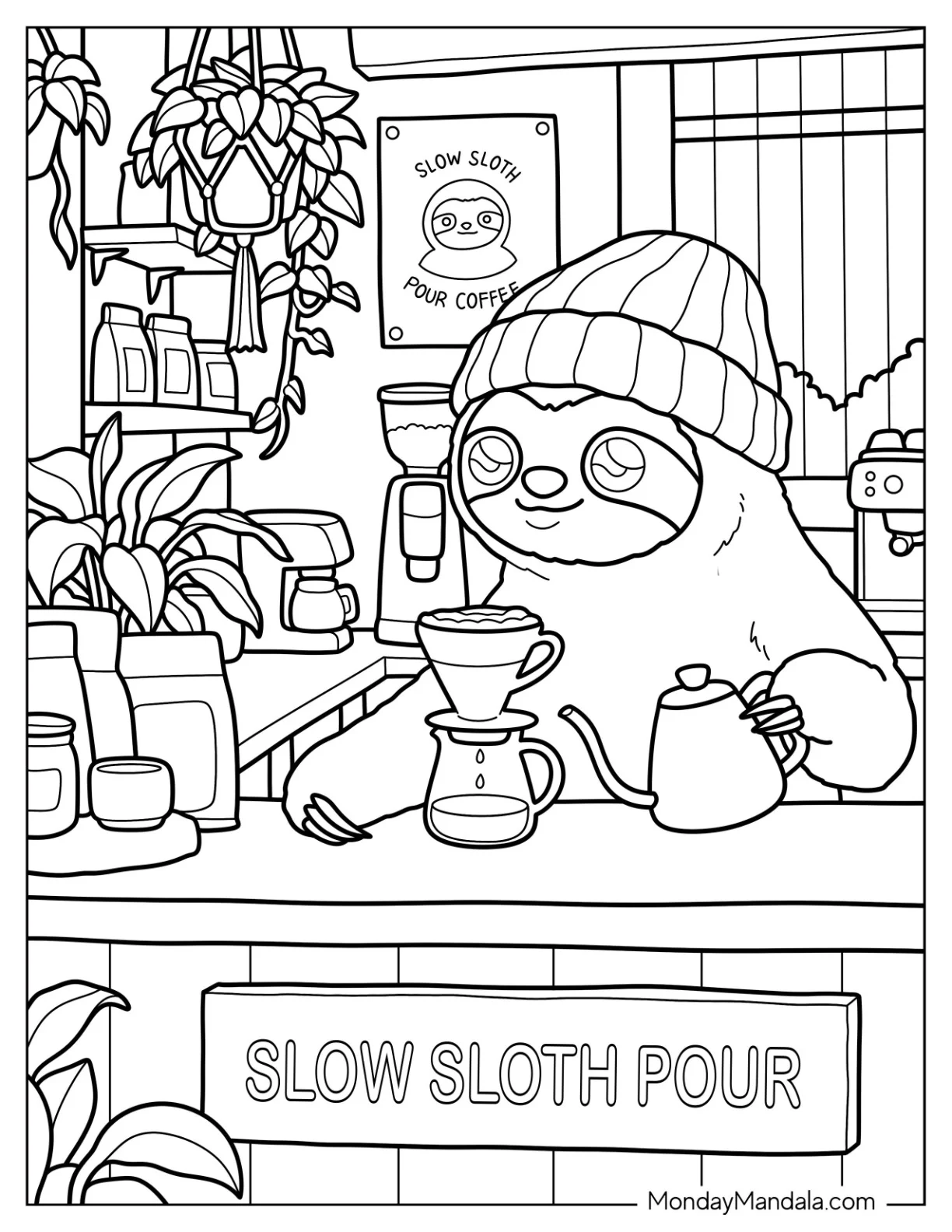 Sloth Making Pour Over Coffee in a Cozy Café Coloring Sheet coloring page