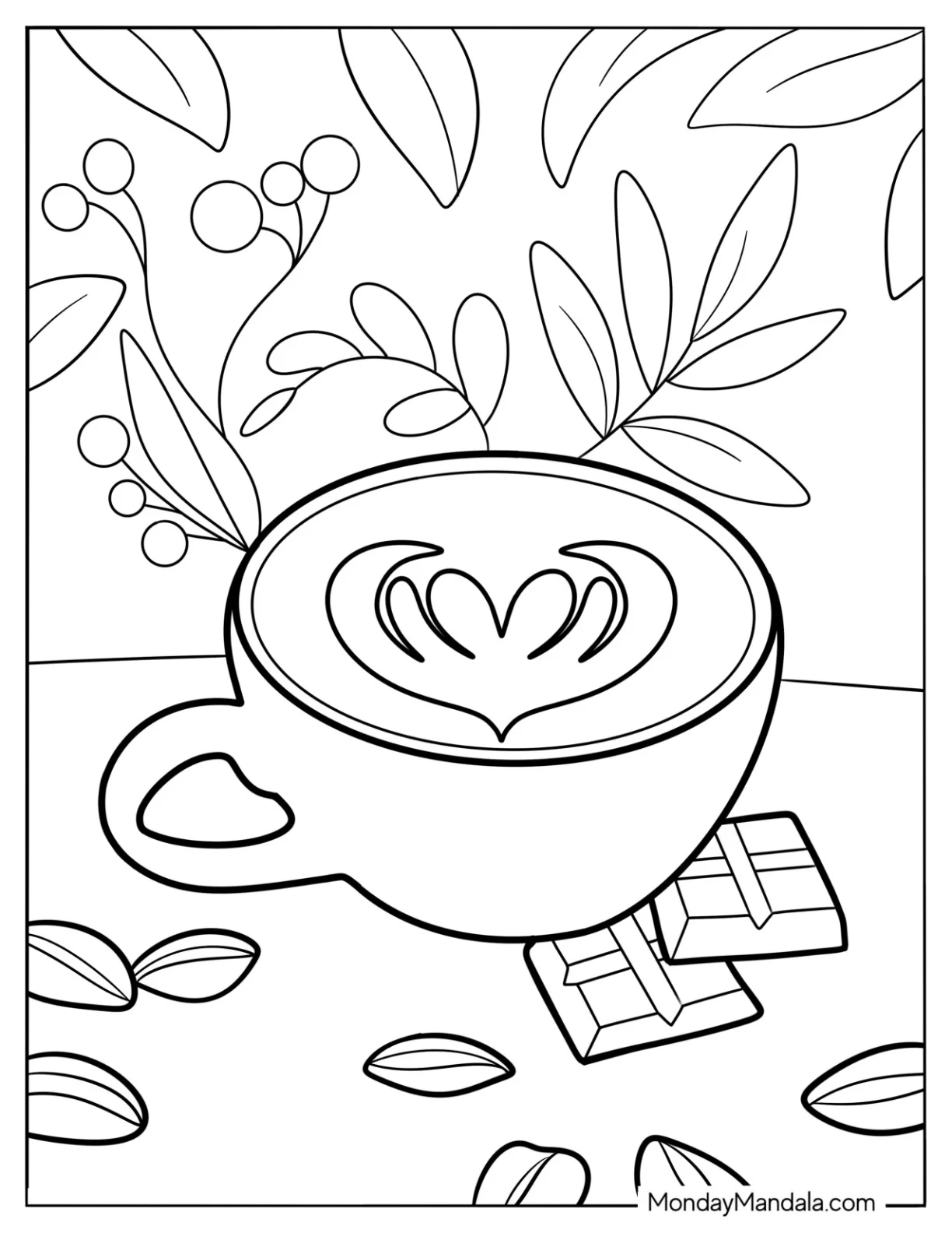 Steaming Coffee Coloring Pages Of Art With Pieces Of Chocolate coloring page