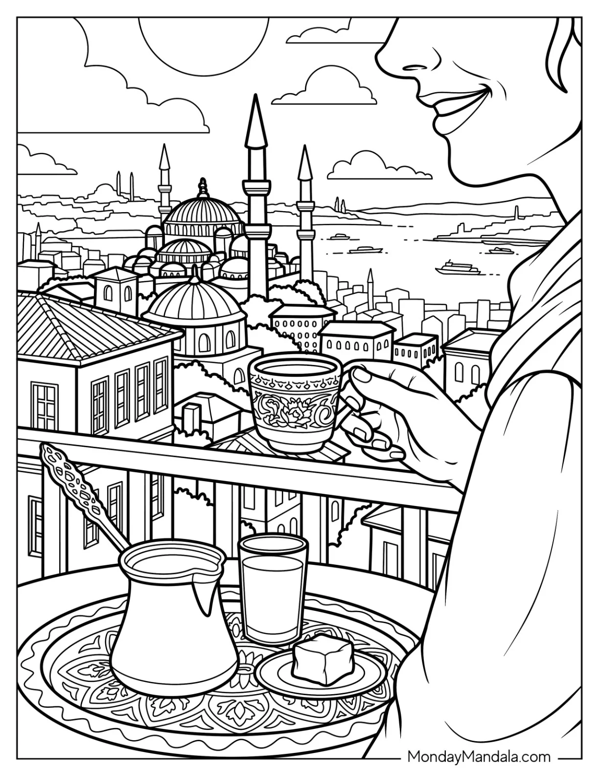 Turkish Coffee on a Balcony Overlooking Istanbul Coloring Sheet coloring page