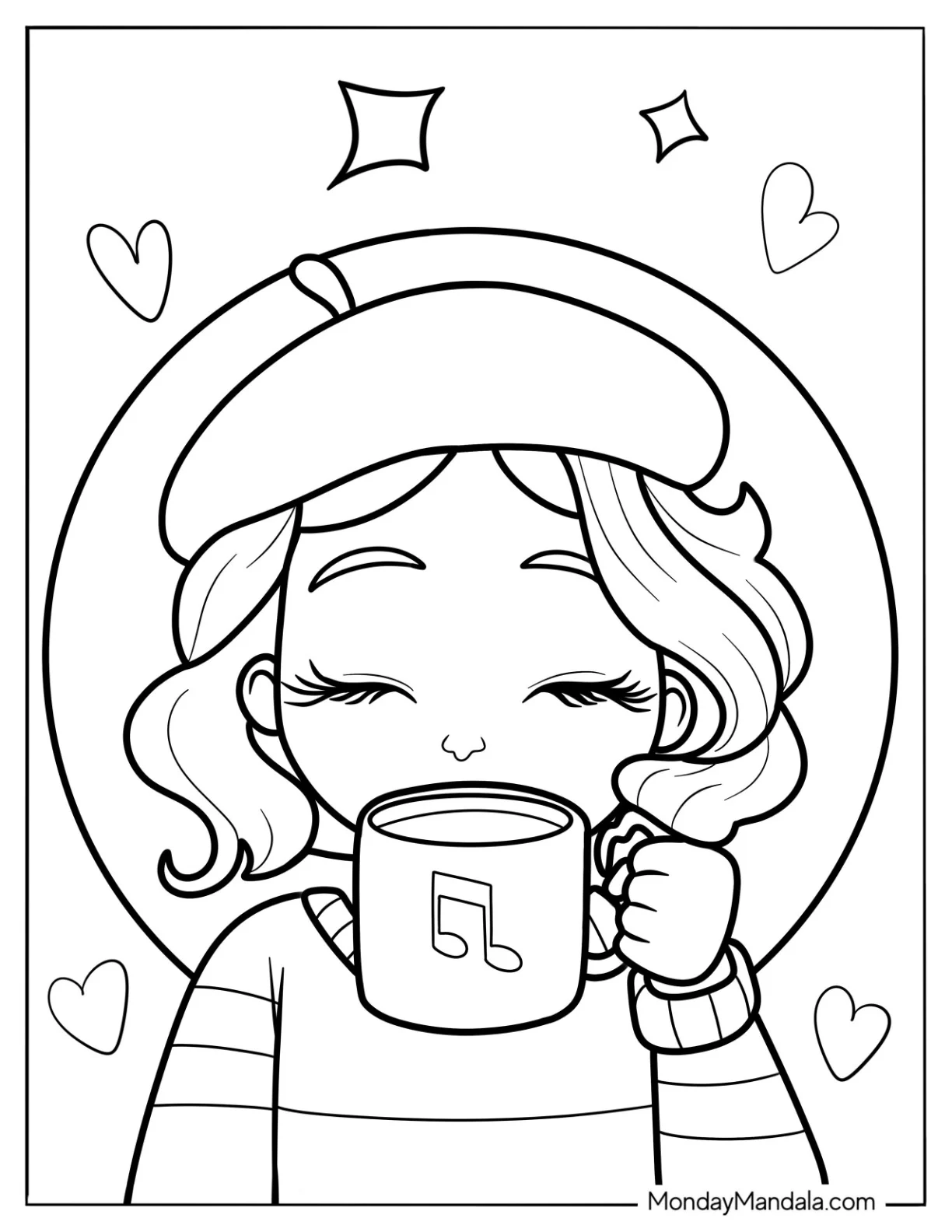 Woman Wearing Beret Drinking Coffee Coloring Page For Kids coloring page