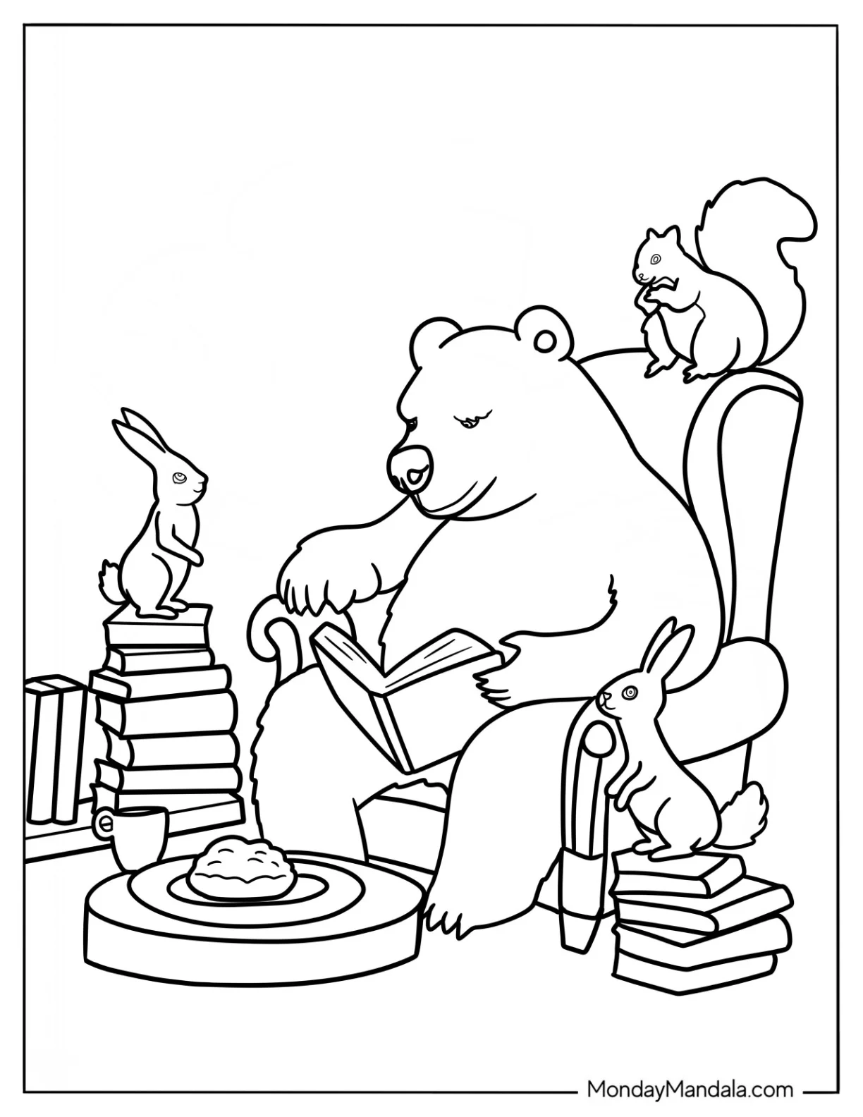 Bear Reading To Her Animal Friends In A Cozy Coloring Pages Of Corner coloring page