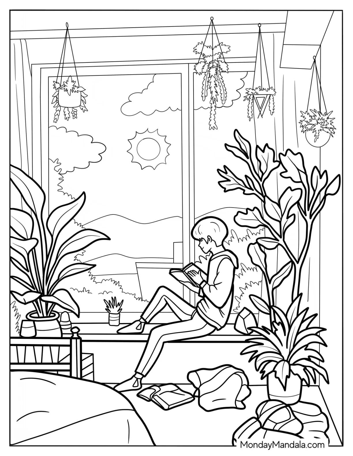 Boy Reading A Book On A Cozy Coloring Pages Of Window Bay coloring page