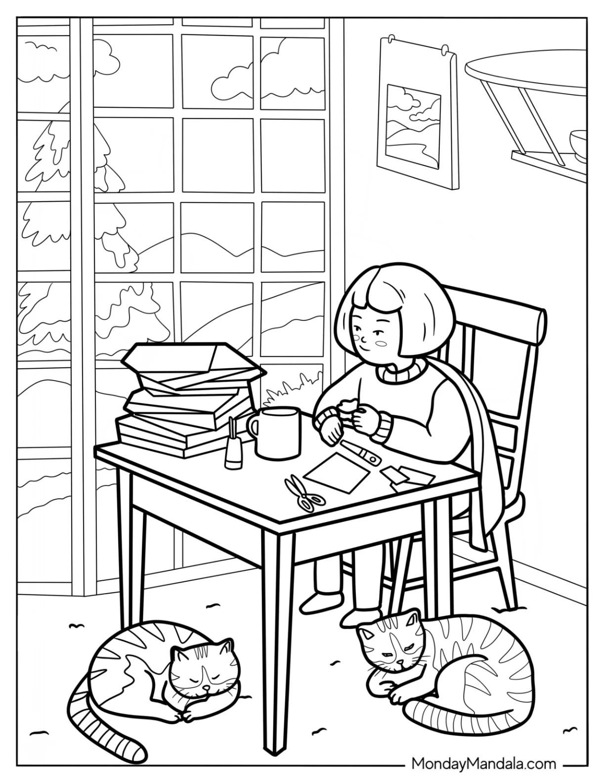 Cartoon Girl Making Crafts In A Cozy Coloring Pages Of Nook Next To A Window coloring page