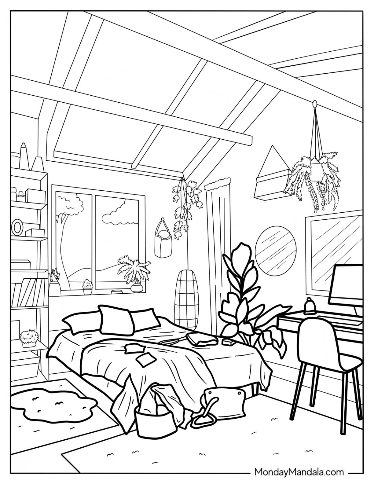 Cozy Coloring Pages Of Bedroom With Hanging Plants, Books, And Vanity coloring page