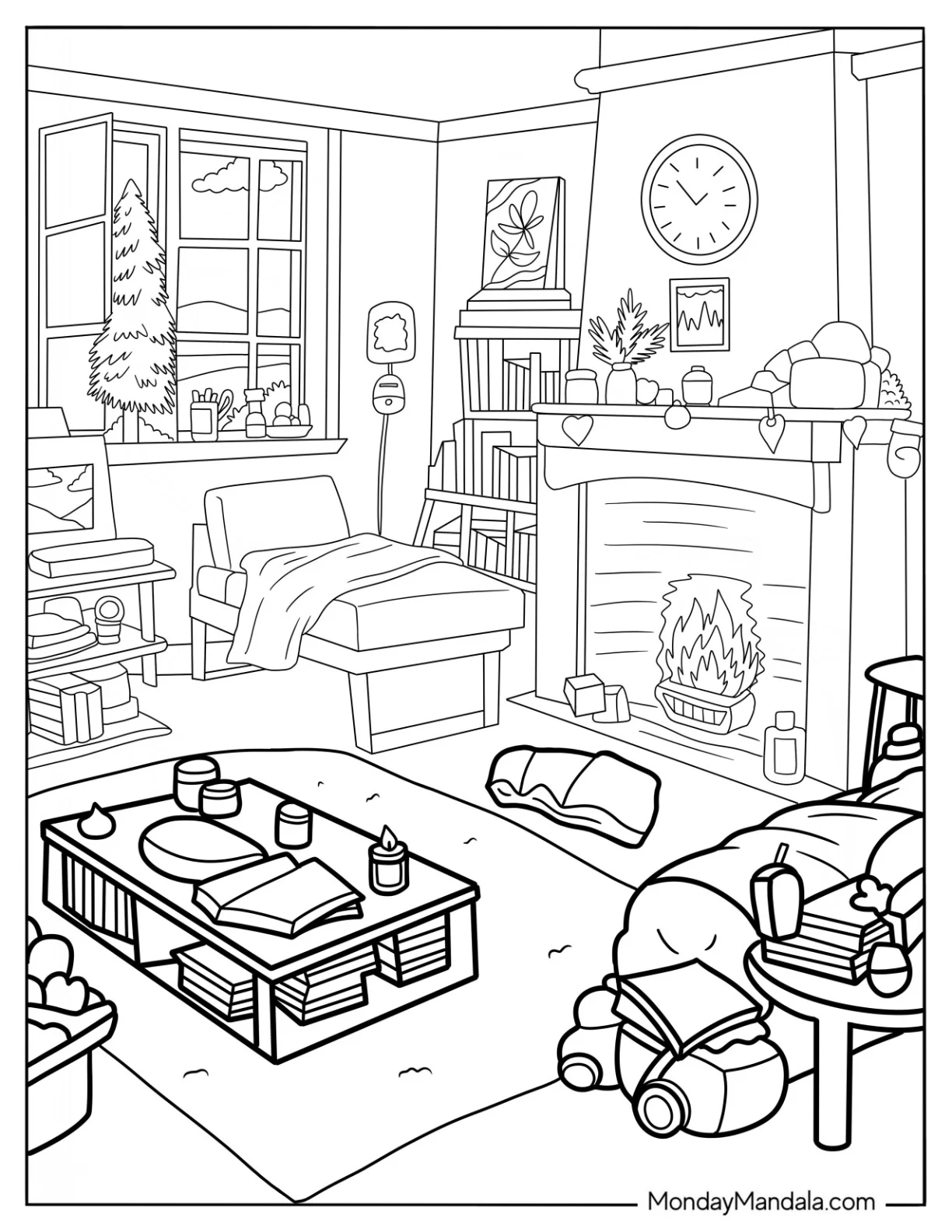 Cozy Coloring Pages Of Fireplace In Living Room Full Of Trinkets coloring page