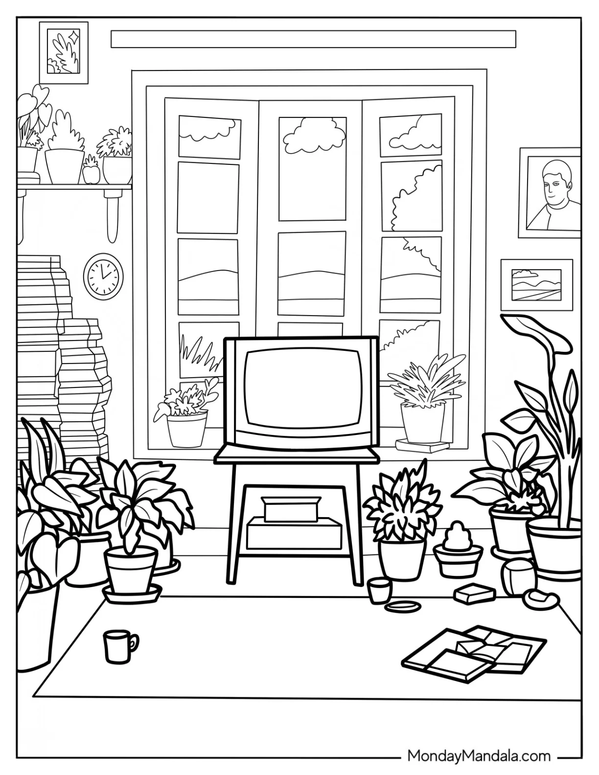 Cozy Coloring Pages Of Living Room With Retro Television And Houseplants coloring page
