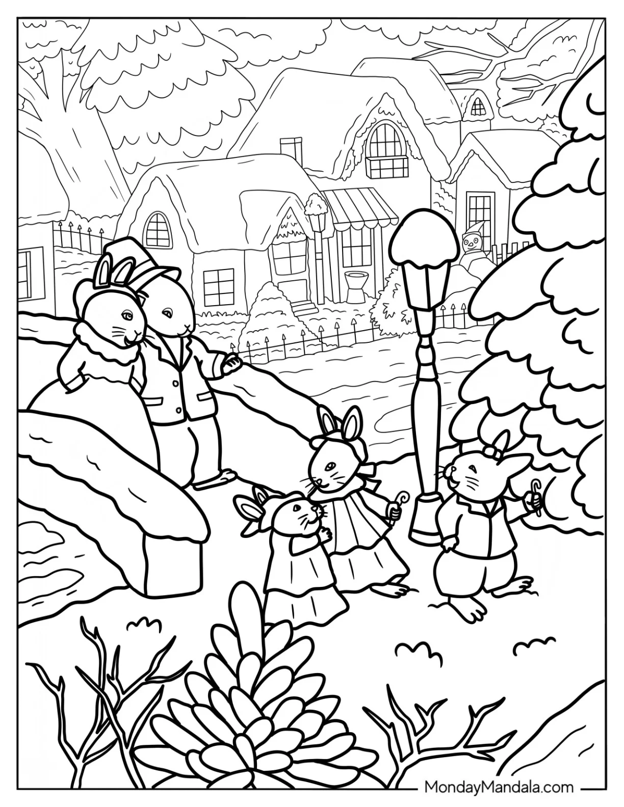 Cozy Coloring Pages Of Scenery Of Rabbits Taking A Walk On A Holiday coloring page