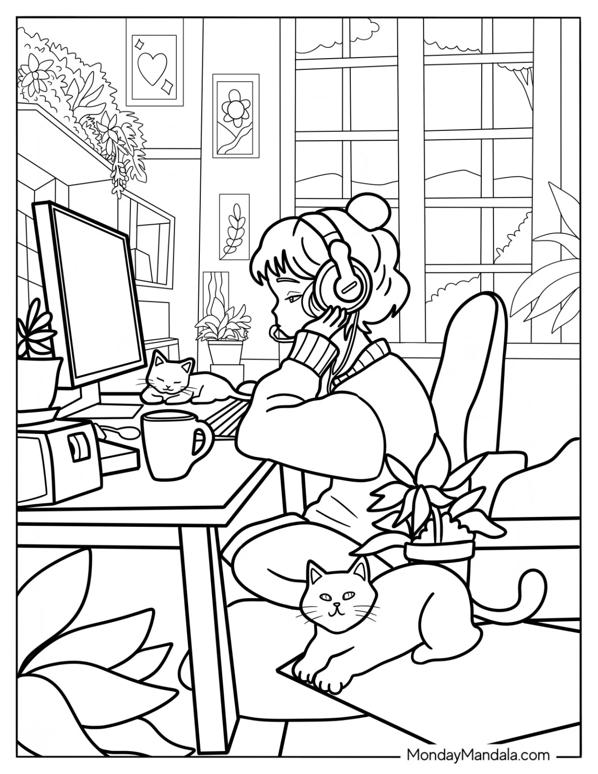 Cute Girl Studying In A Cozy Coloring Pages Of Office With Her Cat coloring page