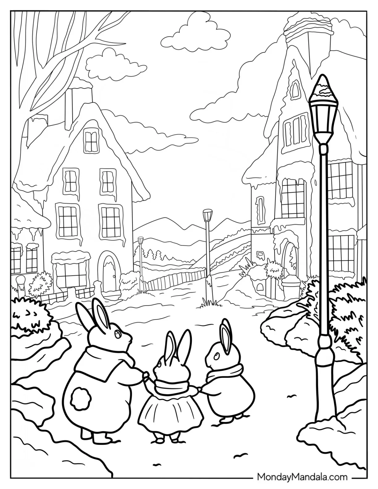Cute Rabbits In A Cozy Coloring Pages Of Winter Landscape coloring page