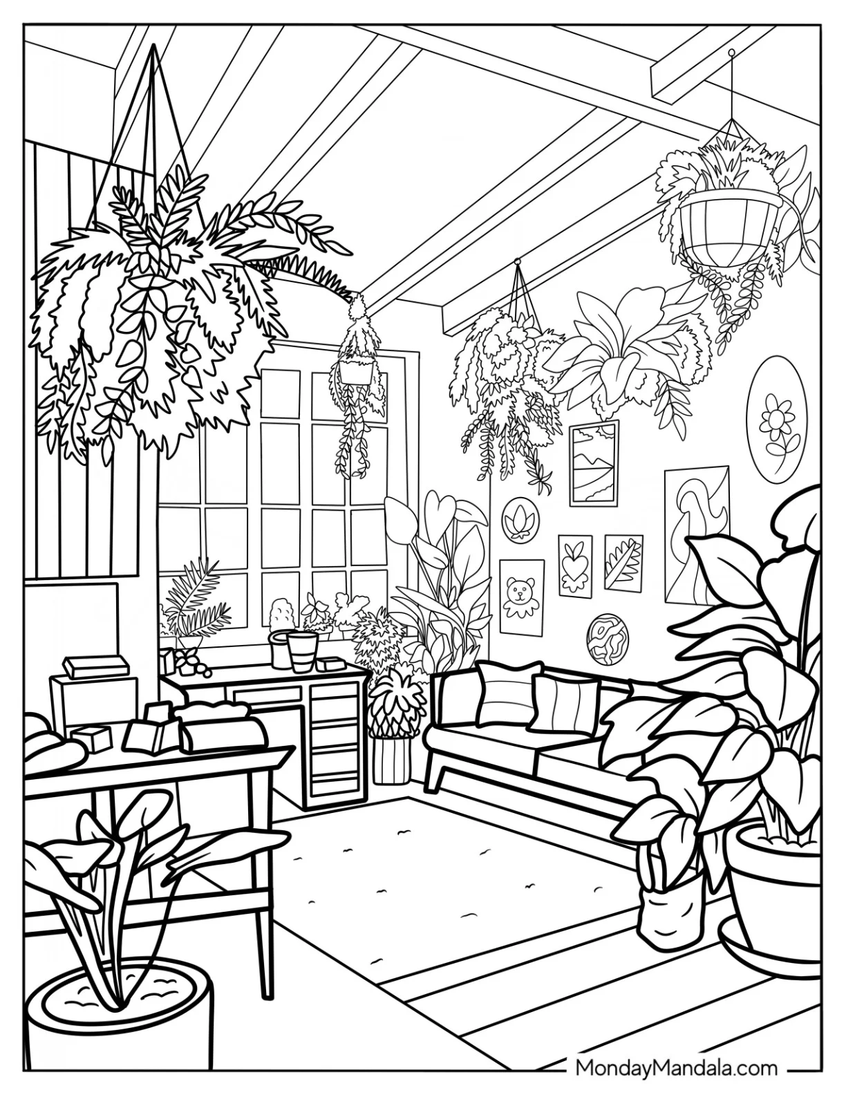 Detailed Cozy Coloring Pages Of Living Room With Hanging And Potted Plants coloring page