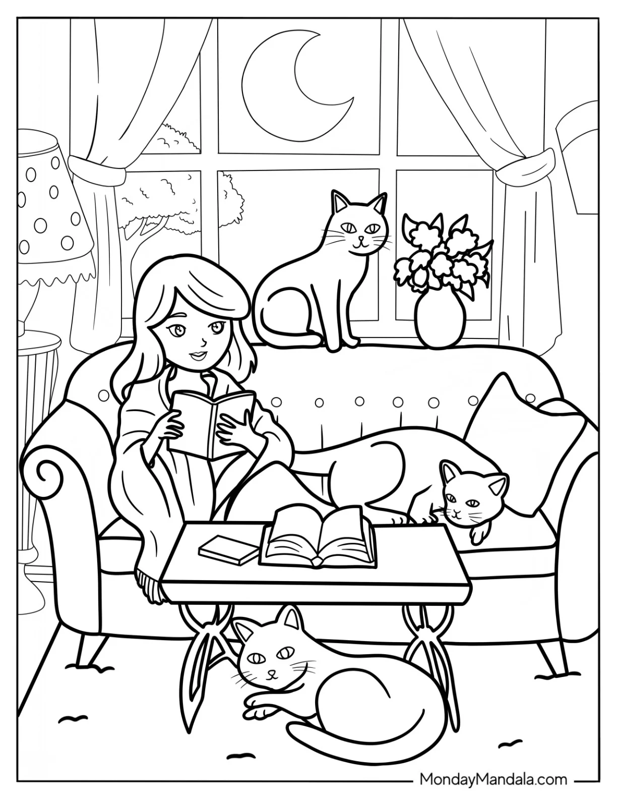 Girl Reading A Book With Her Three Cats On A Cozy Coloring Pages Of Couch coloring page