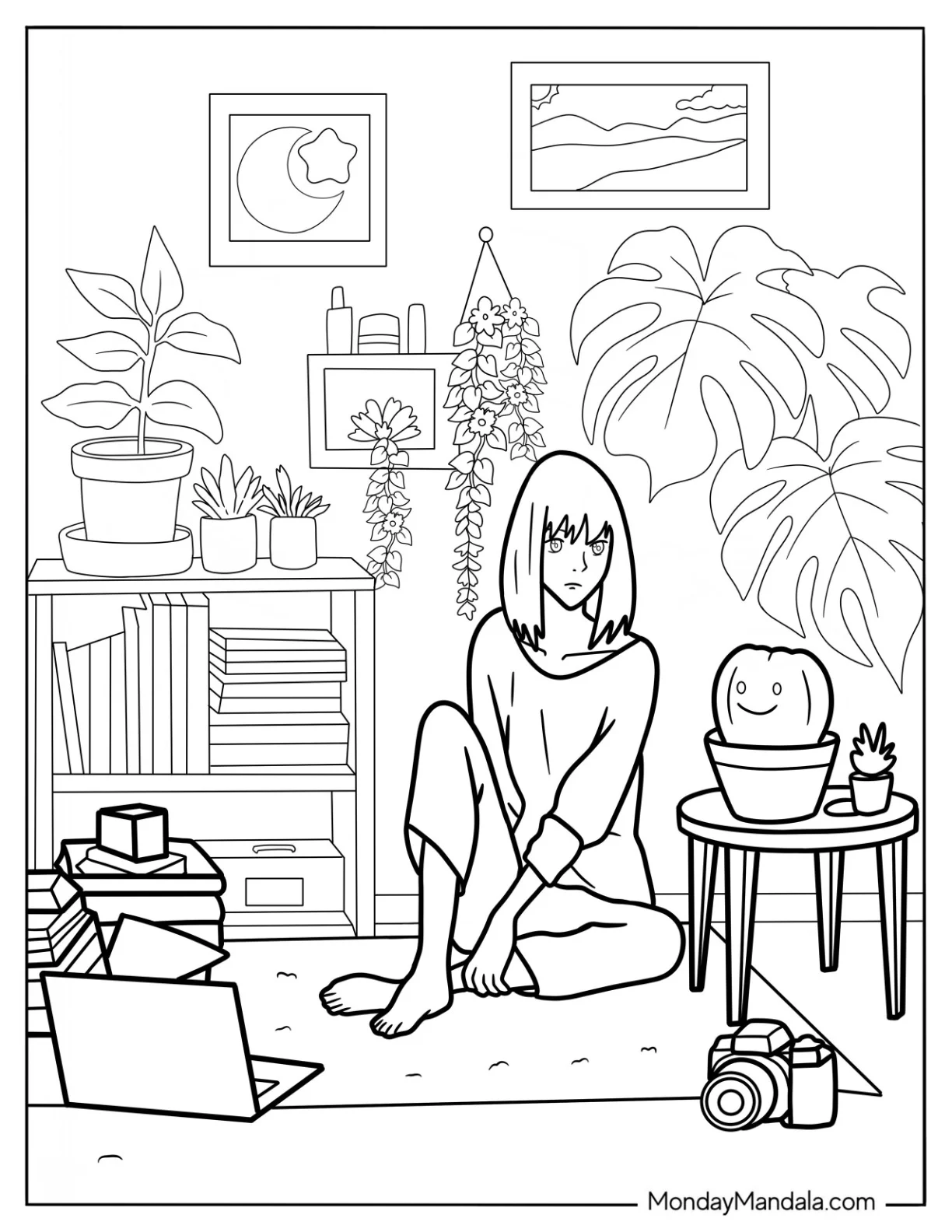 Girl Sitting On A Rug In A Cozy Coloring Pages Of Room With Her Plants coloring page