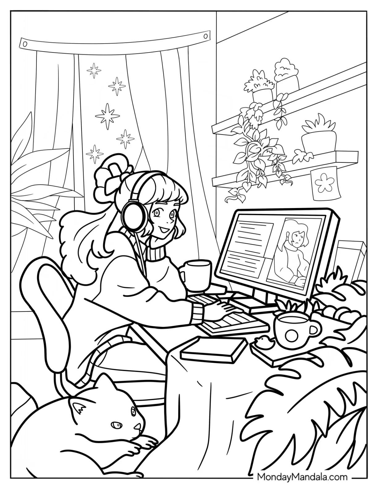 Girl With Headphones Working In A Cozy Coloring Pages Of Office With Houseplants coloring page