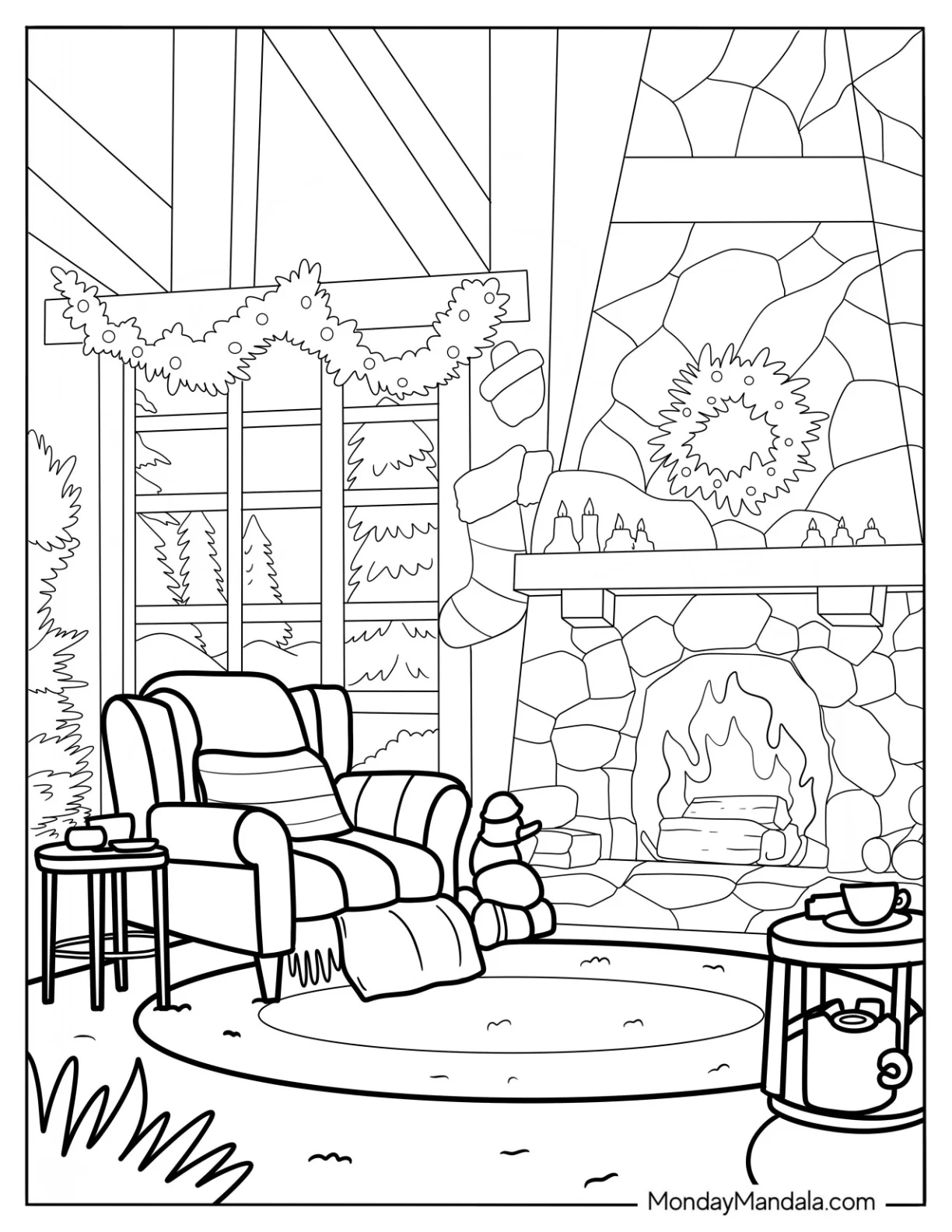 Grand But Cozy Coloring Pages Of Living Room With Fireplace And Large Armchair coloring page